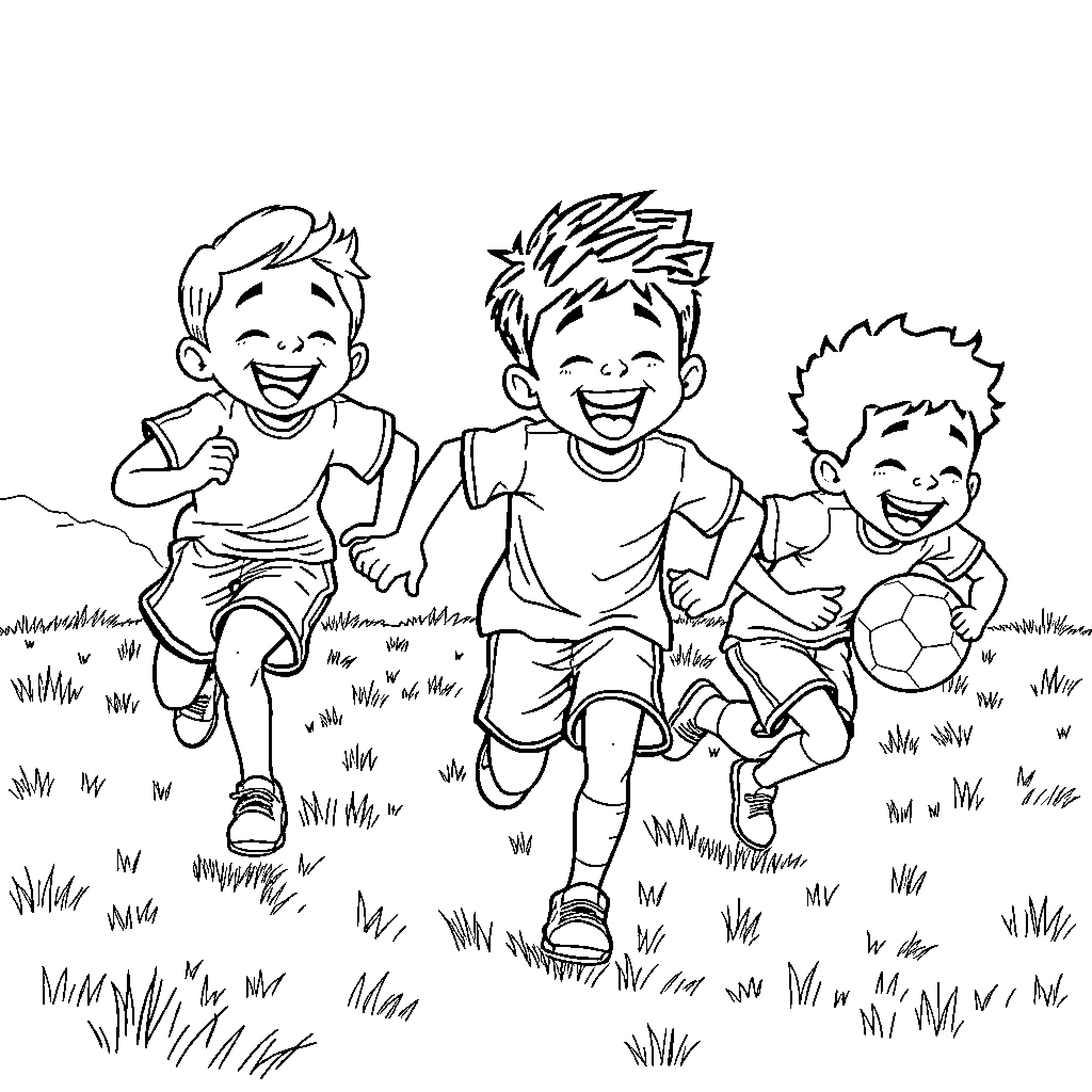 Boys playing joyfully with ball in the field Coloring Page (free black-and-white line drawing printable PDF for all, from beginners to advanced learners, including children, teens, adults, and seniors)