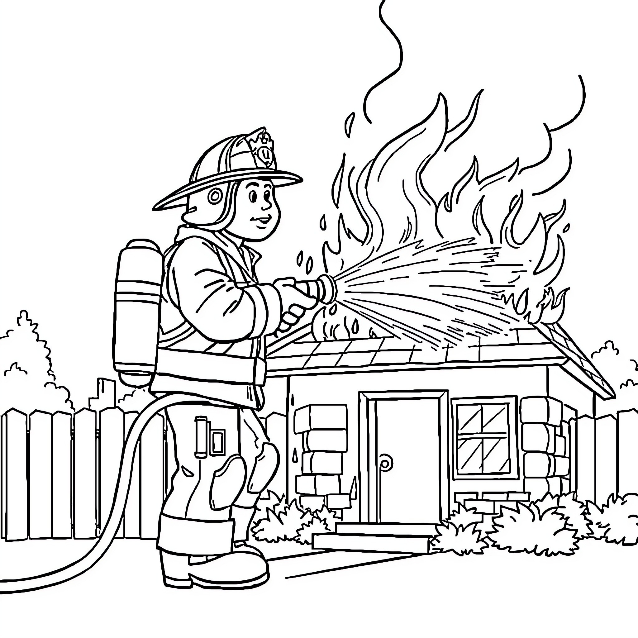 Firefighter battling a blaze at a burning house Coloring Page (free black-and-white line drawing printable PDF for all, from beginners to advanced learners, including children, teens, adults, and seniors)