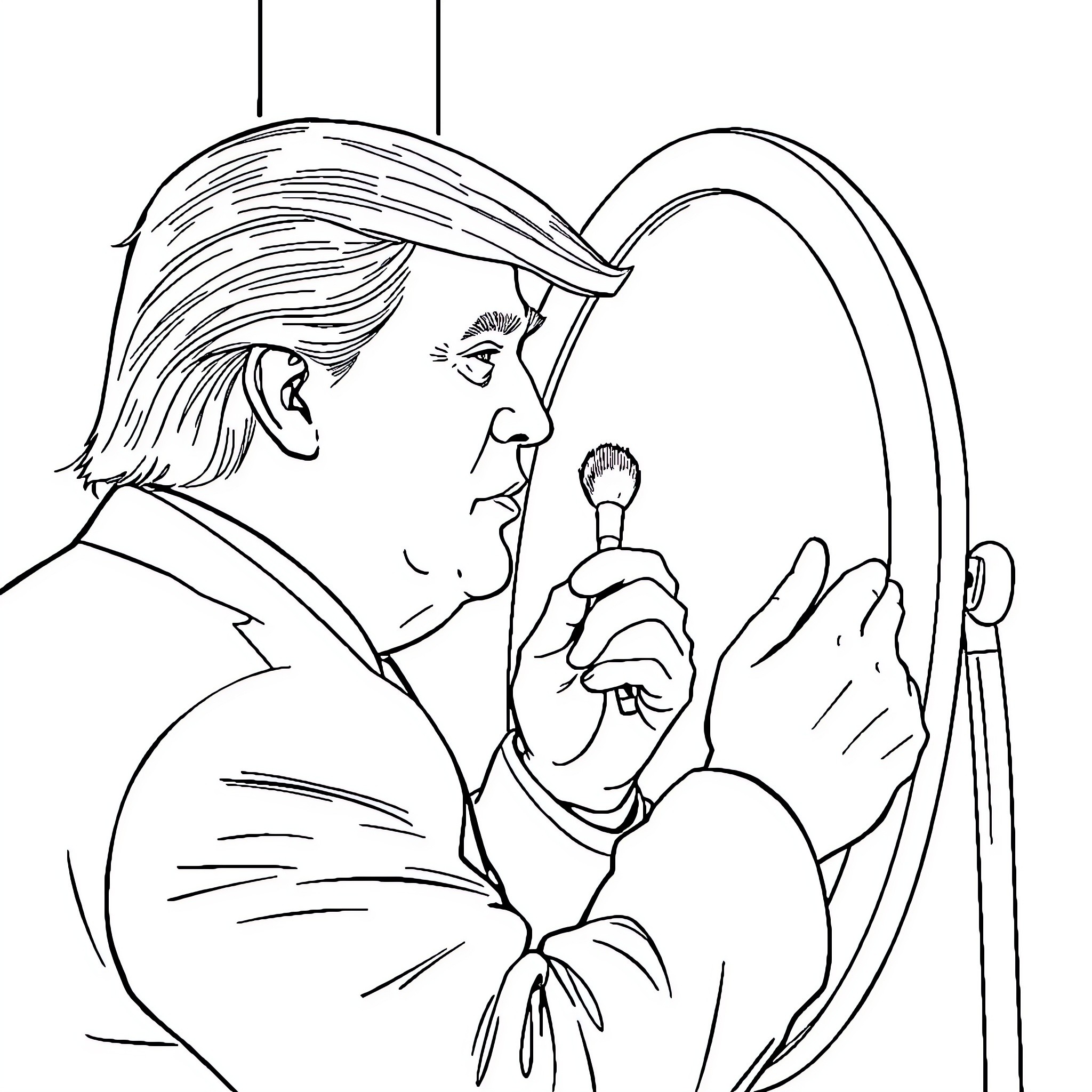 Donald Trump Applying Makeup in Front of Mirror Coloring Page (free black-and-white line drawing printable PDF for all, from beginners to advanced learners, including children, teens, adults, and seniors)