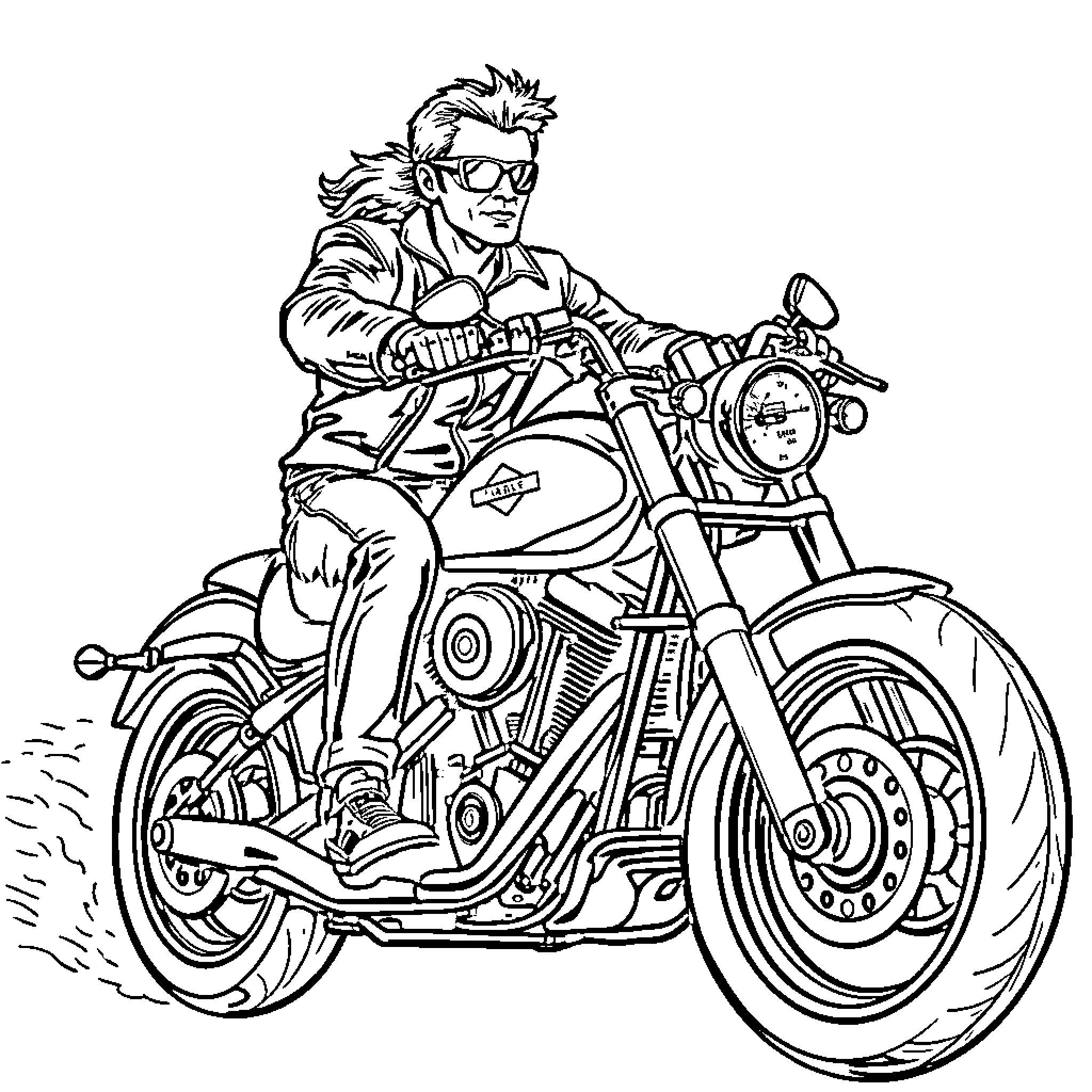 Fabio rides his motorcycle with confidence Coloring Page (free black-and-white line drawing printable PDF for all, from beginners to advanced learners, including children, teens, adults, and seniors)