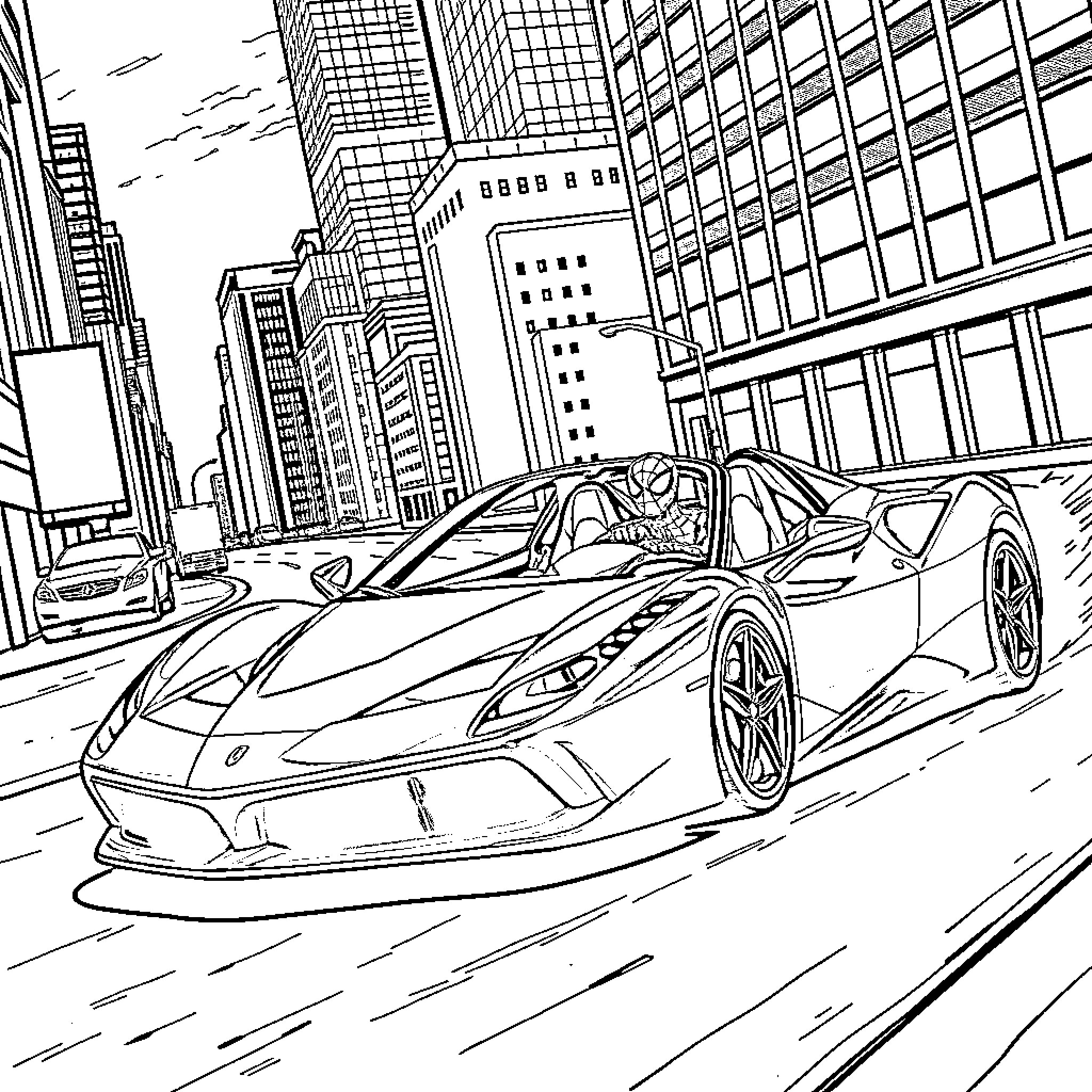Spider-Man chases speeding sports car through the city Coloring Page (free black-and-white line drawing printable PDF for all, from beginners to advanced learners, including children, teens, adults, and seniors)