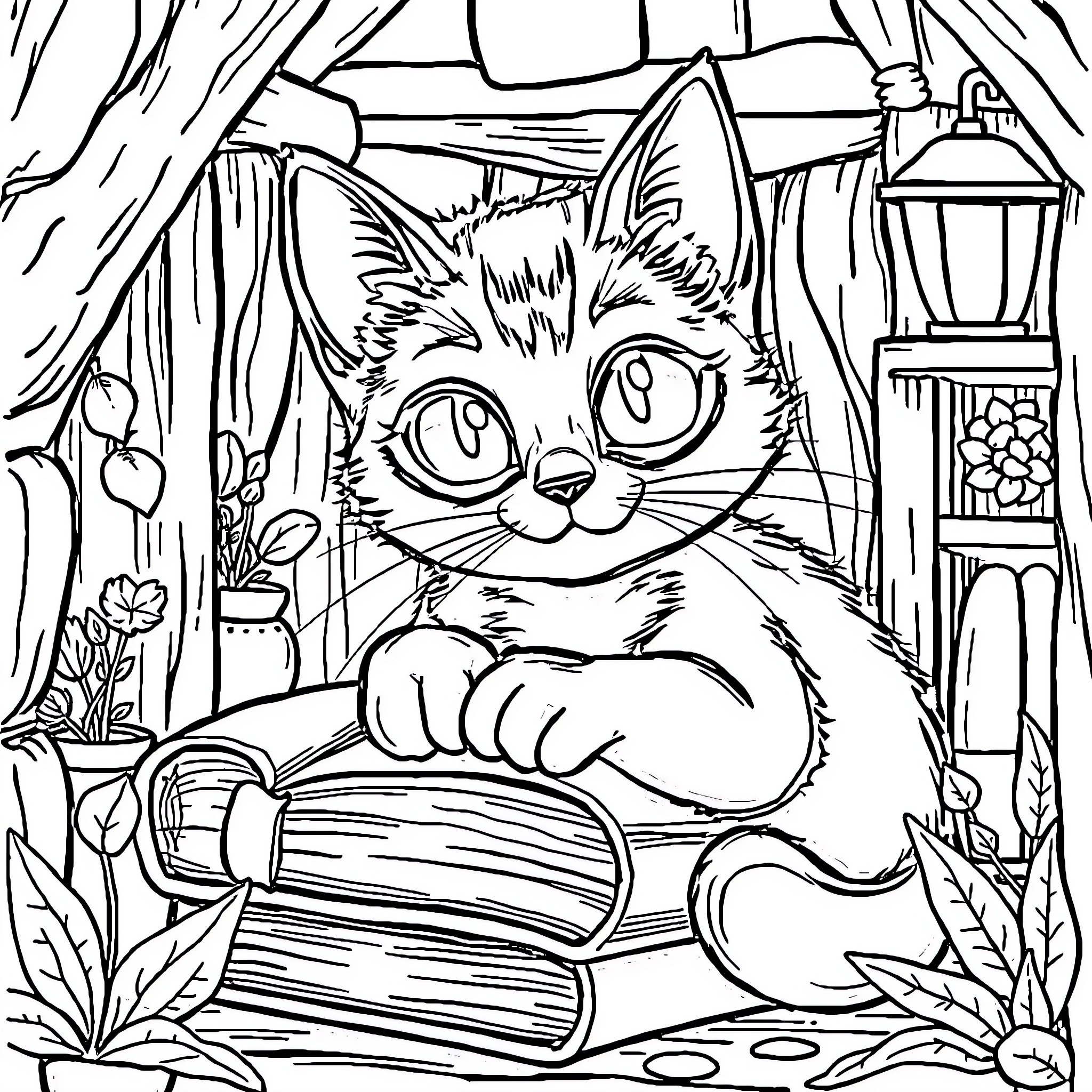 Witch Cat Casting a Spell with Books and Potions Coloring Page (free black-and-white line drawing printable PDF for all, from beginners to advanced learners, including children, teens, adults, and seniors)