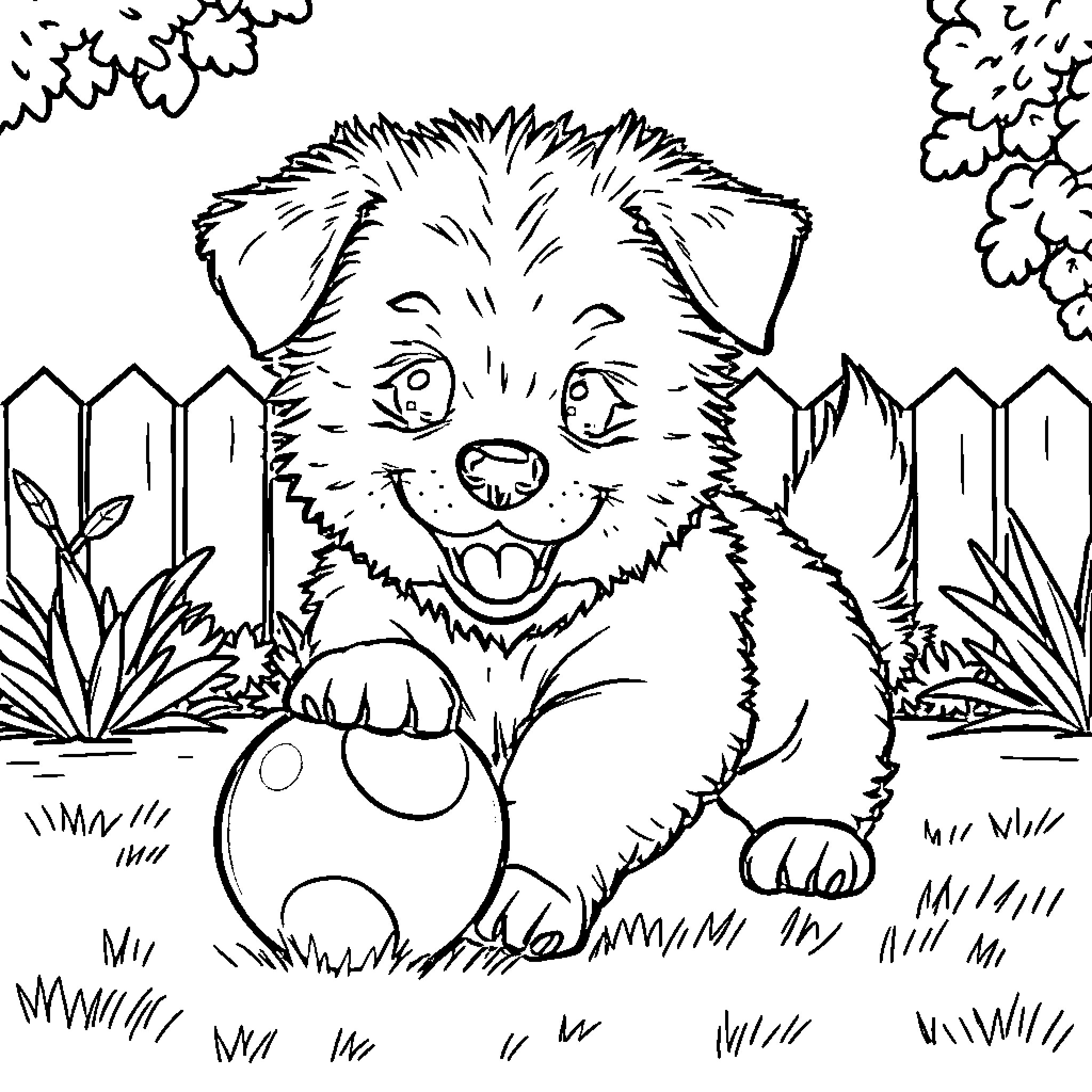 Dog playing happily in the yard Coloring Page (free black-and-white line drawing printable PDF for all, from beginners to advanced learners, including children, teens, adults, and seniors)