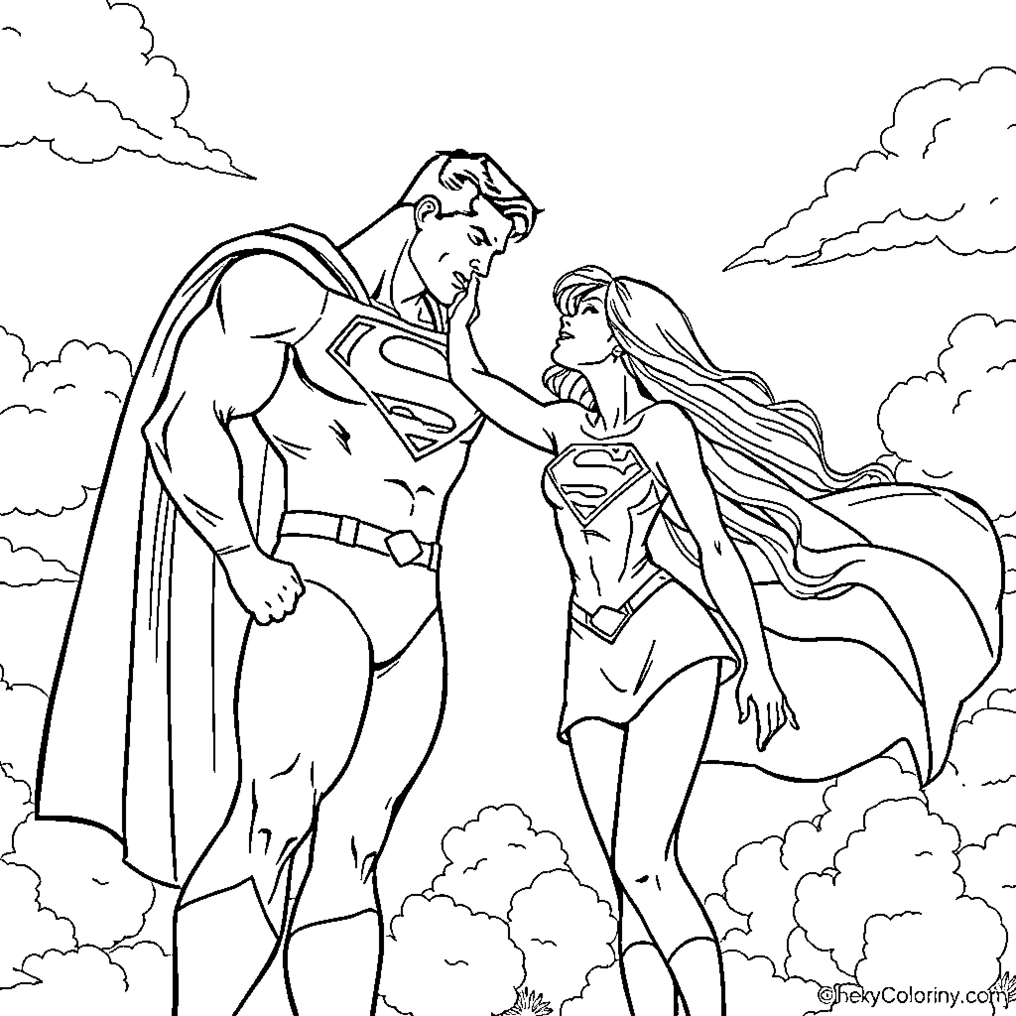 Superman and Superwoman in heroic poses Coloring Page (free black-and-white line drawing printable PDF for all, from beginners to advanced learners, including children, teens, adults, and seniors)