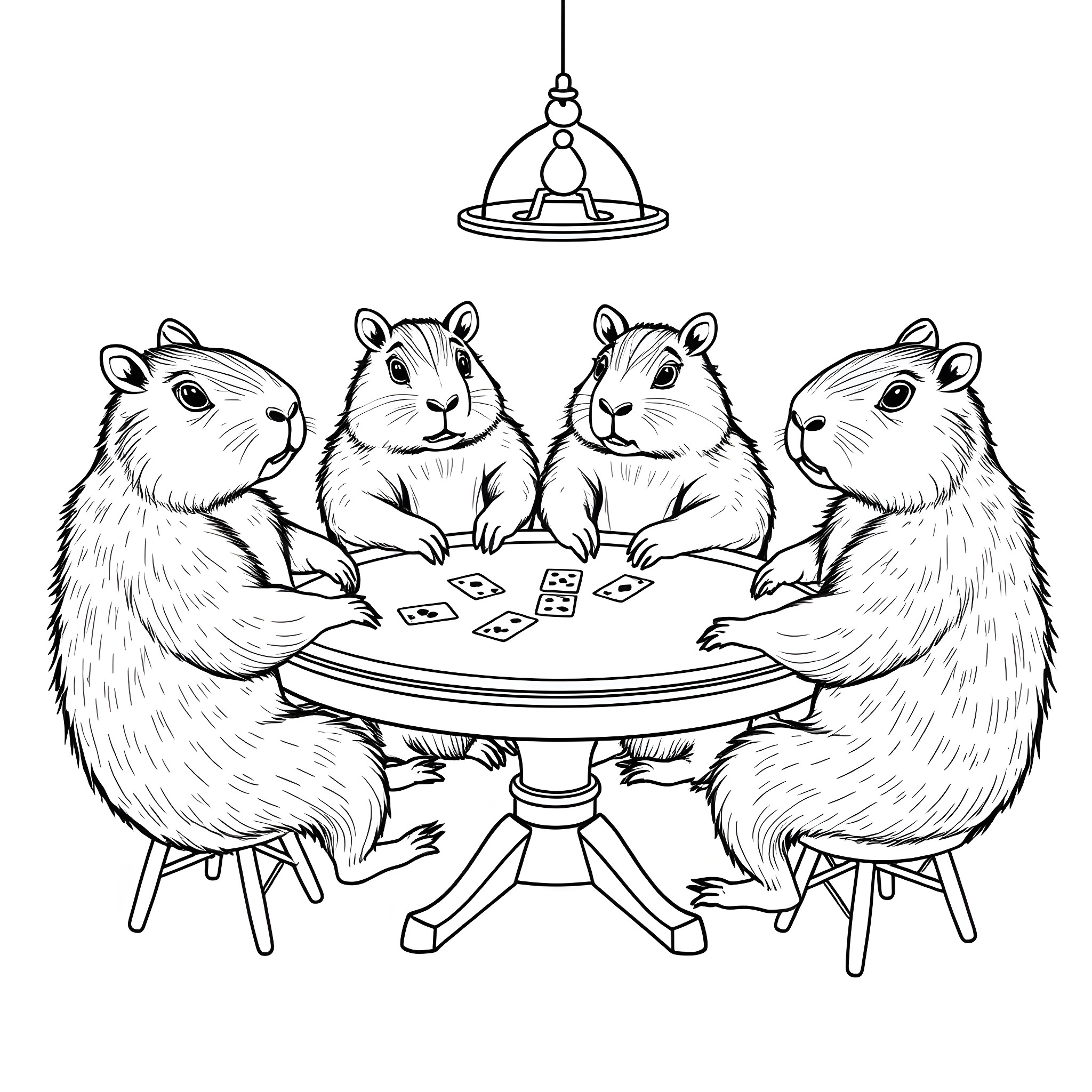 Capybara gambling at card table under chandelier Coloring Page (free black-and-white line drawing printable PDF for all, from beginners to advanced learners, including children, teens, adults, and seniors)