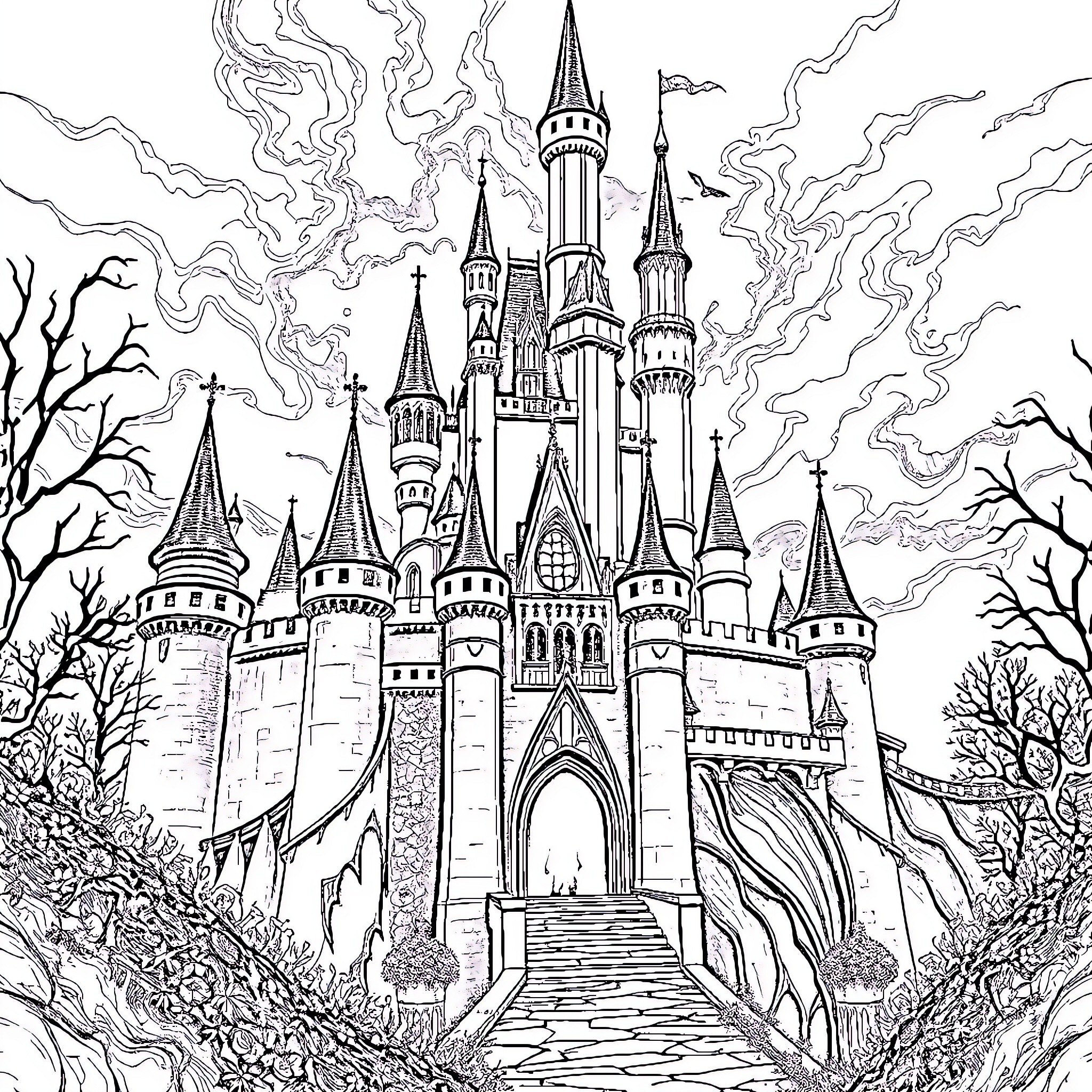 Cinderella Castle in a Mystical, Enchanted Landscape Coloring Page (free black-and-white line drawing printable PDF for all, from beginners to advanced learners, including children, teens, adults, and seniors)