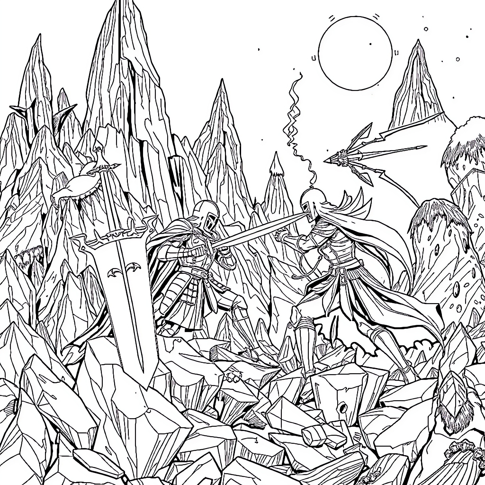 Knight Battles Ferocious Dragon in Rugged Landscape Coloring Page (free black-and-white line drawing printable PDF for all, from beginners to advanced learners, including children, teens, adults, and seniors)