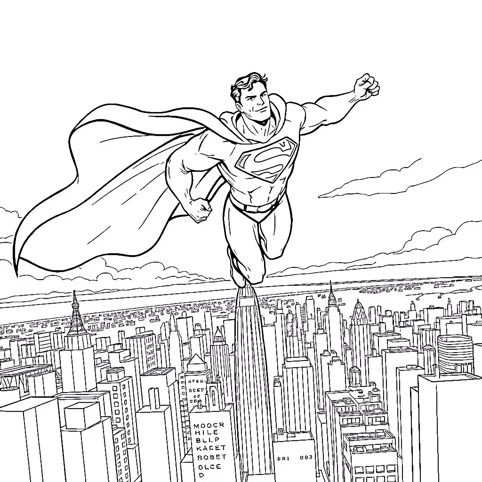 Superman soaring high above the city skyline Coloring Page (free black-and-white line drawing printable PDF for all, from beginners to advanced learners, including children, teens, adults, and seniors)