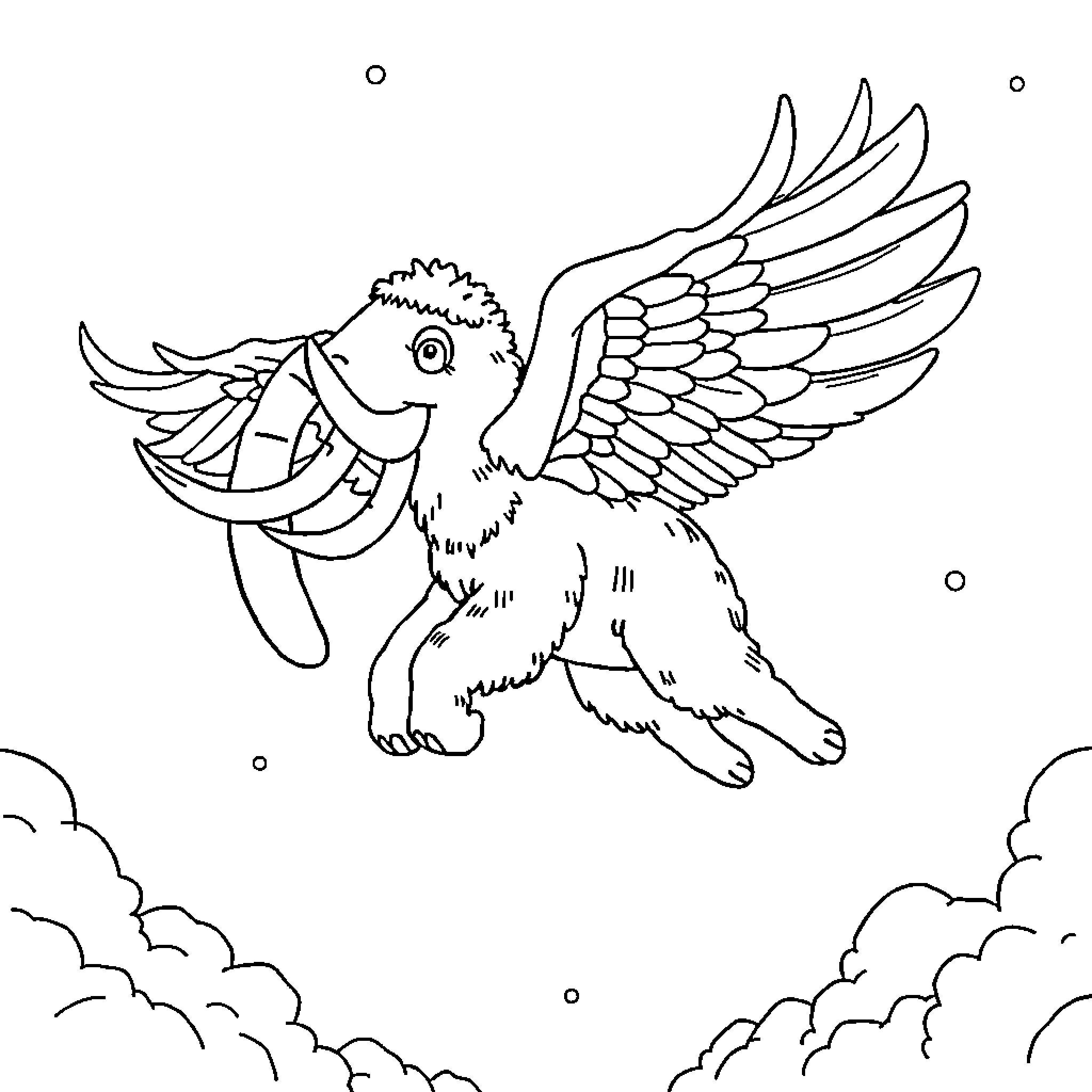 Mammoth winged creature soaring through the clouds Coloring Page (free black-and-white line drawing printable PDF for all, from beginners to advanced learners, including children, teens, adults, and seniors)