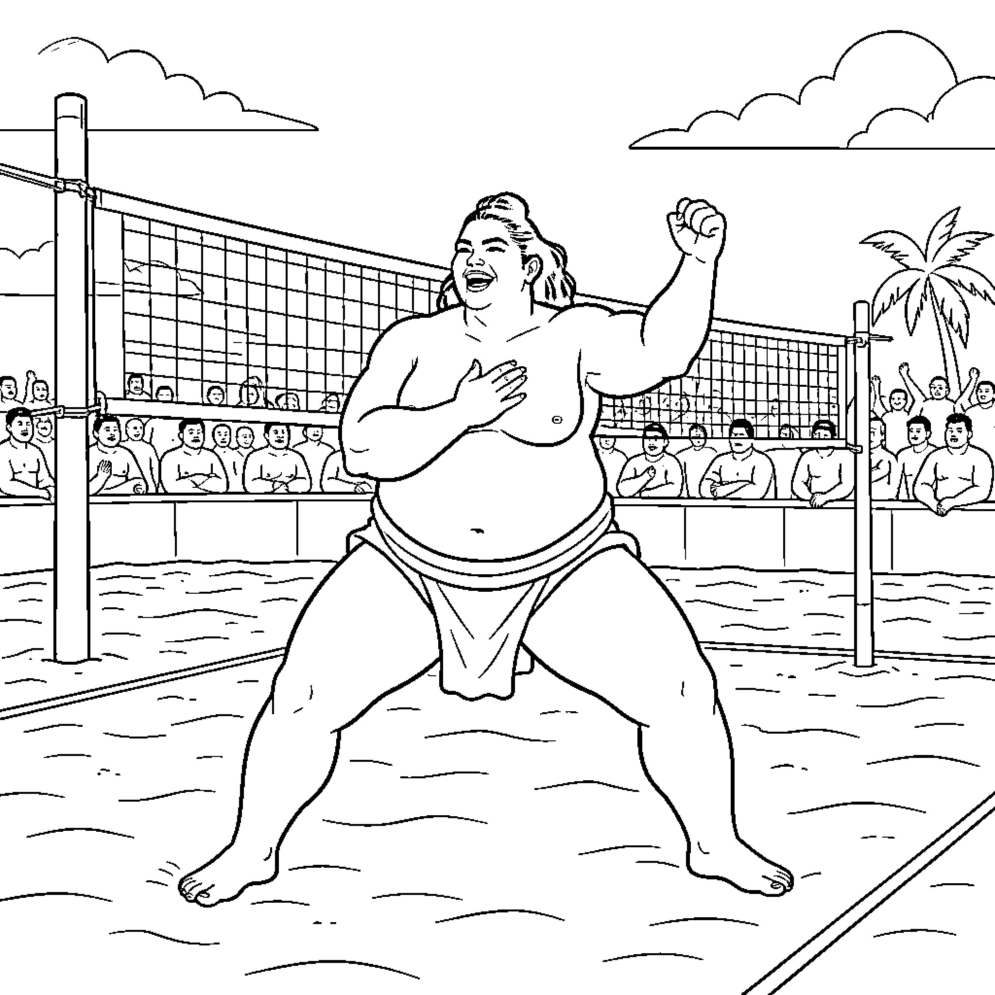 Kim Kardashian celebrating a victory on a volleyball court Coloring Page (free black-and-white line drawing printable PDF for all, from beginners to advanced learners, including children, teens, adults, and seniors)