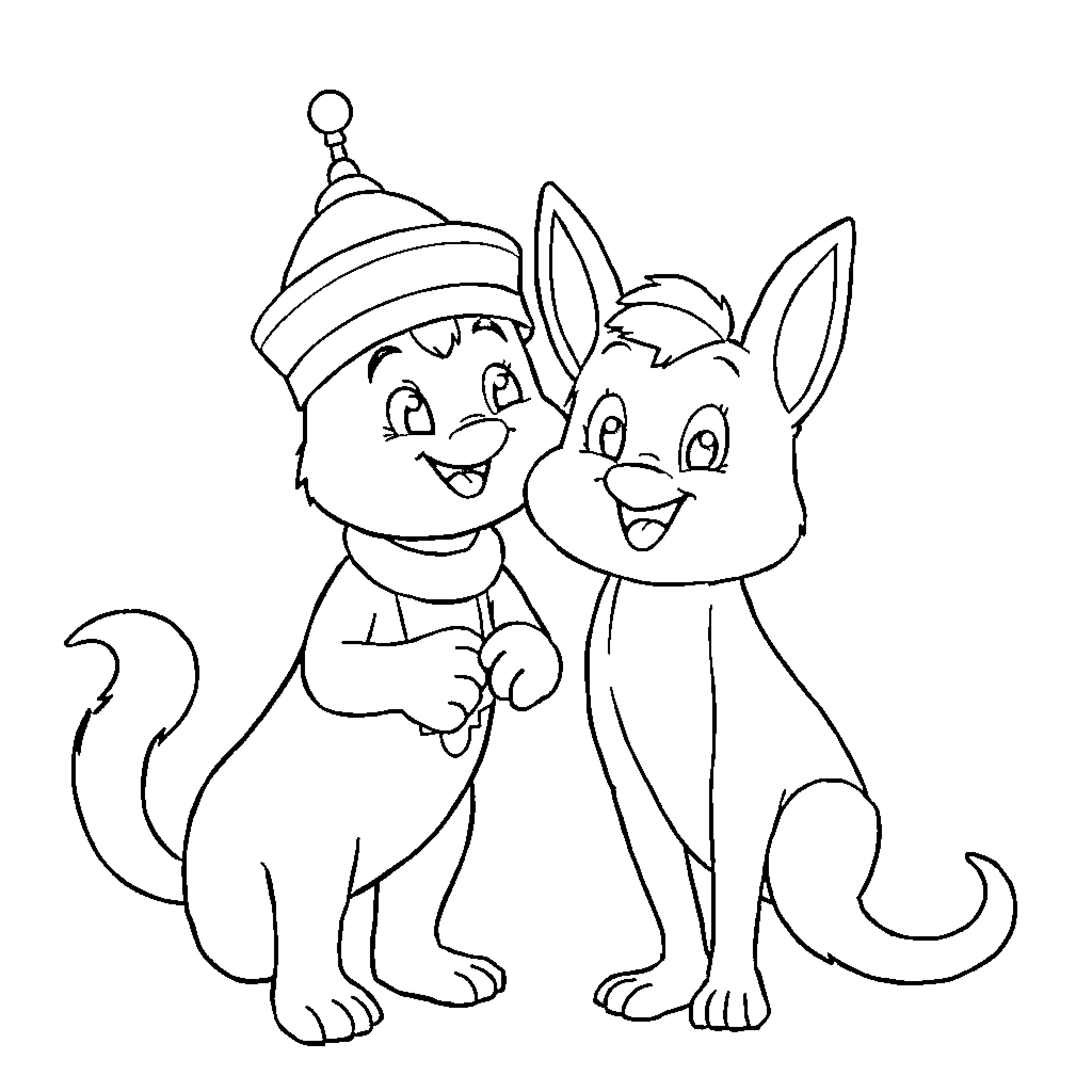 Rumi's Cheerful Companions Coloring Page (free black-and-white line drawing printable PDF for all, from beginners to advanced learners, including children, teens, adults, and seniors)