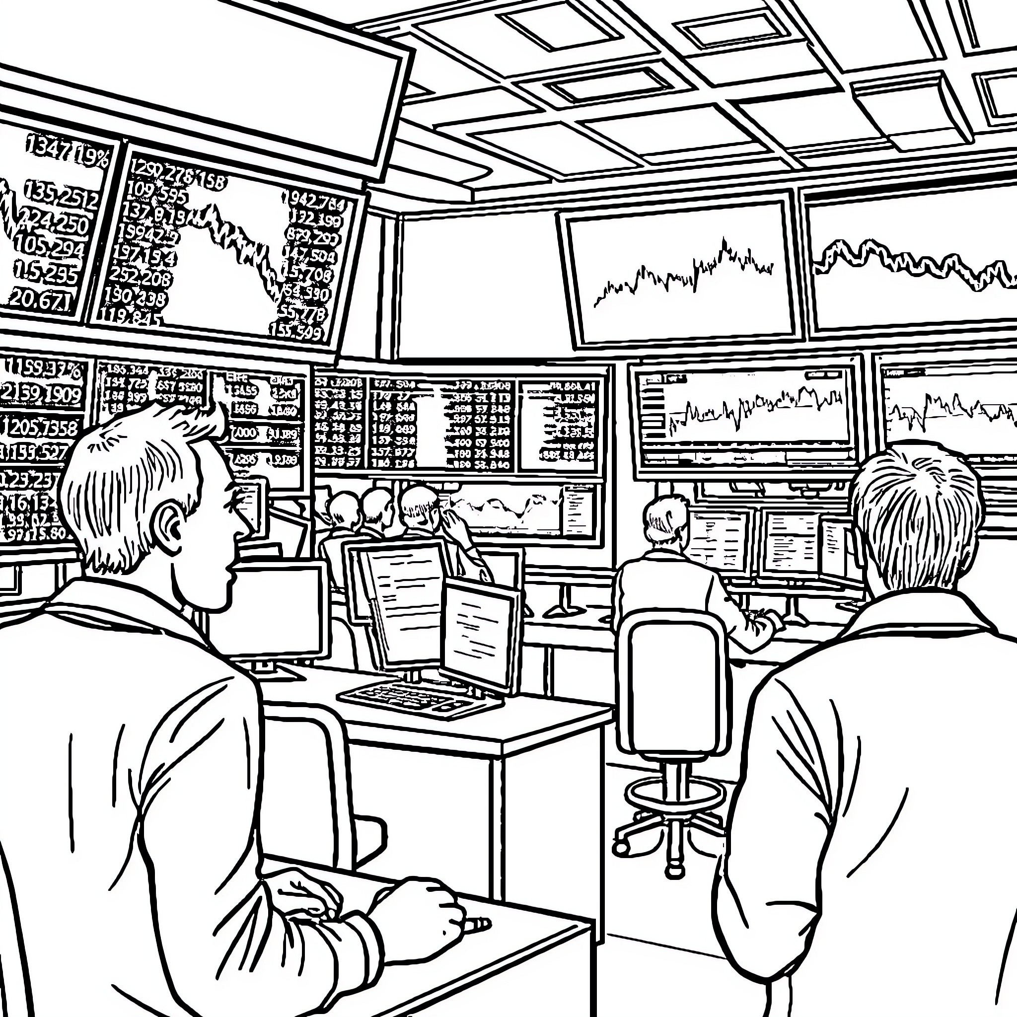 Stock Market Analysts Reviewing Financial Data Coloring Page (free black-and-white line drawing printable PDF for all, from beginners to advanced learners, including children, teens, adults, and seniors)
