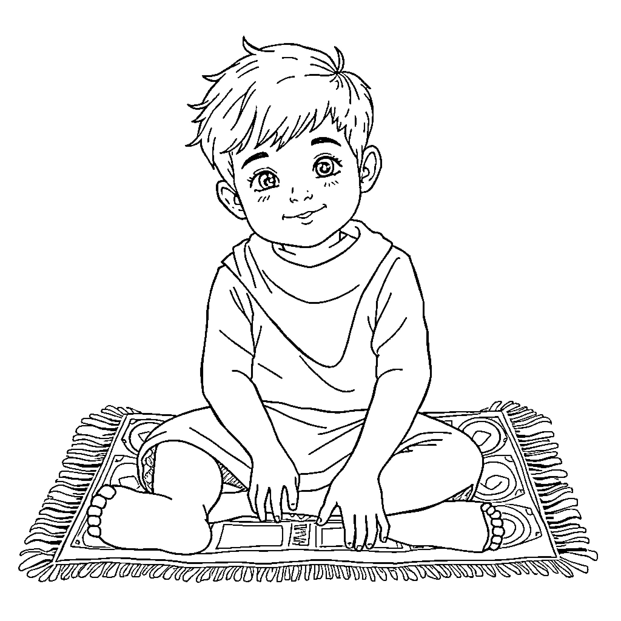 Magin: Young Boy Playing on Patterned Rug Coloring Page (free black-and-white line drawing printable PDF for all, from beginners to advanced learners, including children, teens, adults, and seniors)