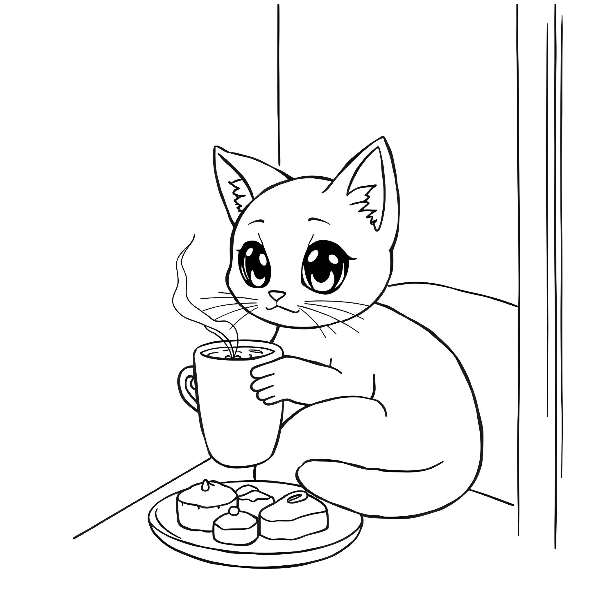 Anime Cat Enjoying Coffee and Pastries Coloring Page (free black-and-white line drawing printable PDF for all, from beginners to advanced learners, including children, teens, adults, and seniors)
