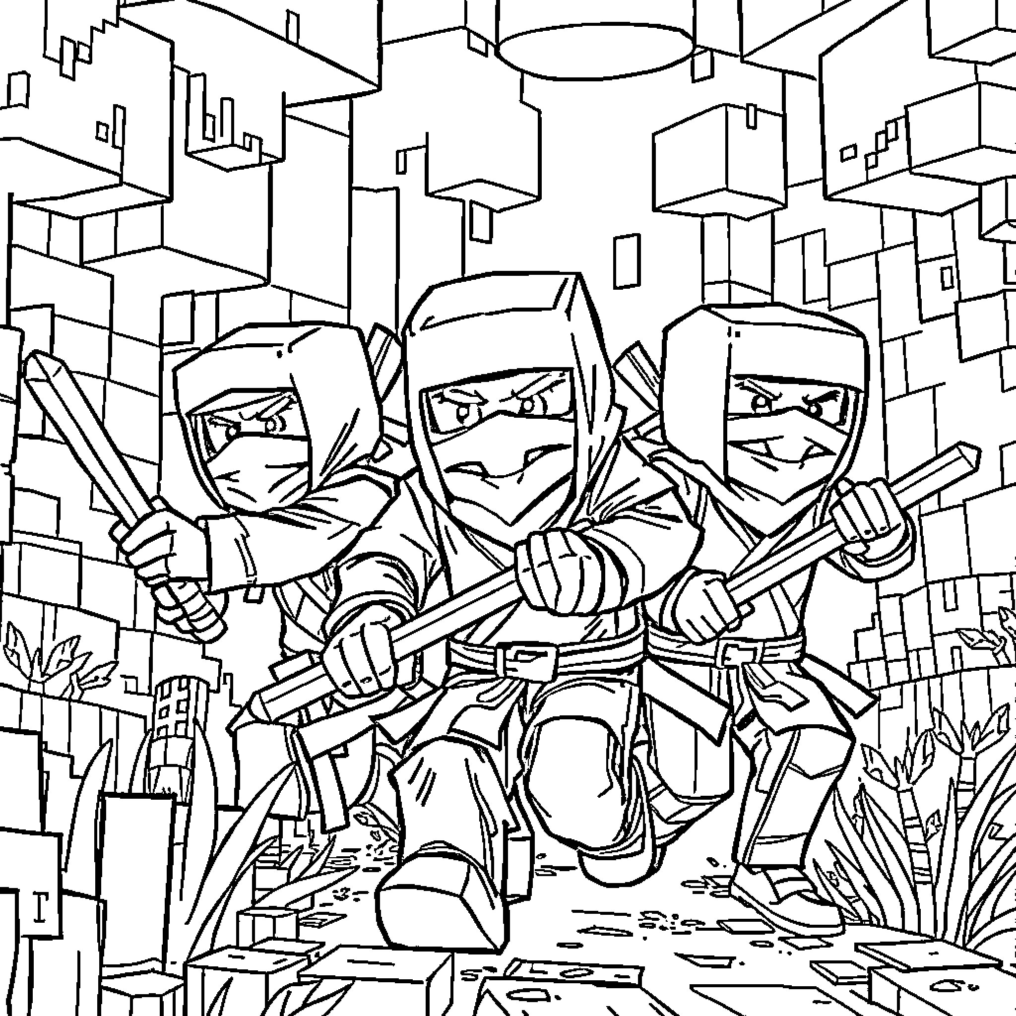 Ninja warriors in action amid the city landscape Coloring Page (free black-and-white line drawing printable PDF for all, from beginners to advanced learners, including children, teens, adults, and seniors)