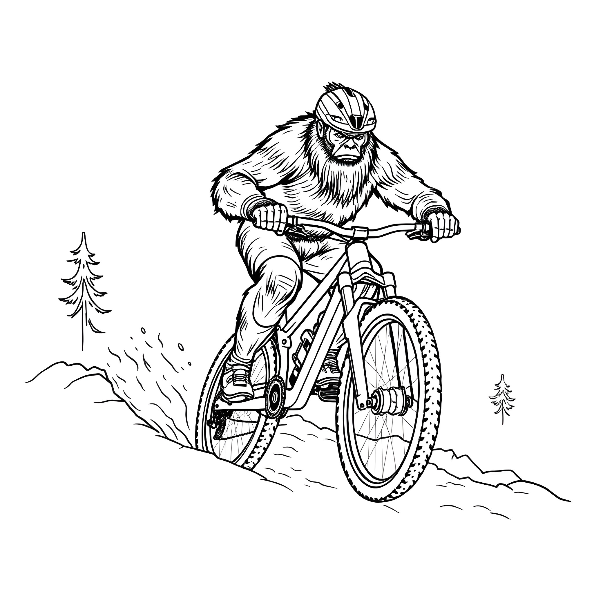 Sasquatch riding a mountain bike through the forest Coloring Page (free black-and-white line drawing printable PDF for all, from beginners to advanced learners, including children, teens, adults, and seniors)