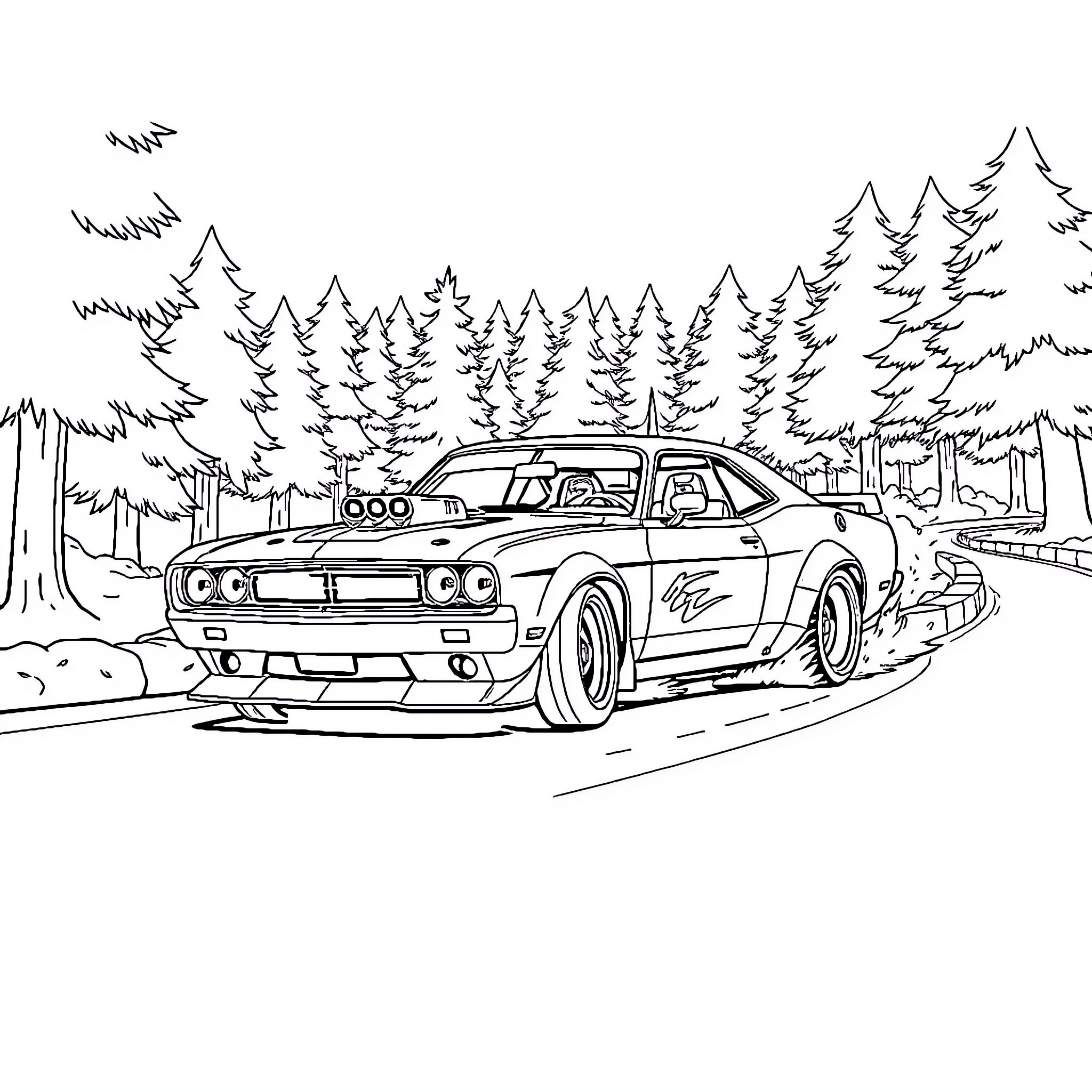 Hoonicorn speeding through scenic forest road Coloring Page (free black-and-white line drawing printable PDF for all, from beginners to advanced learners, including children, teens, adults, and seniors)