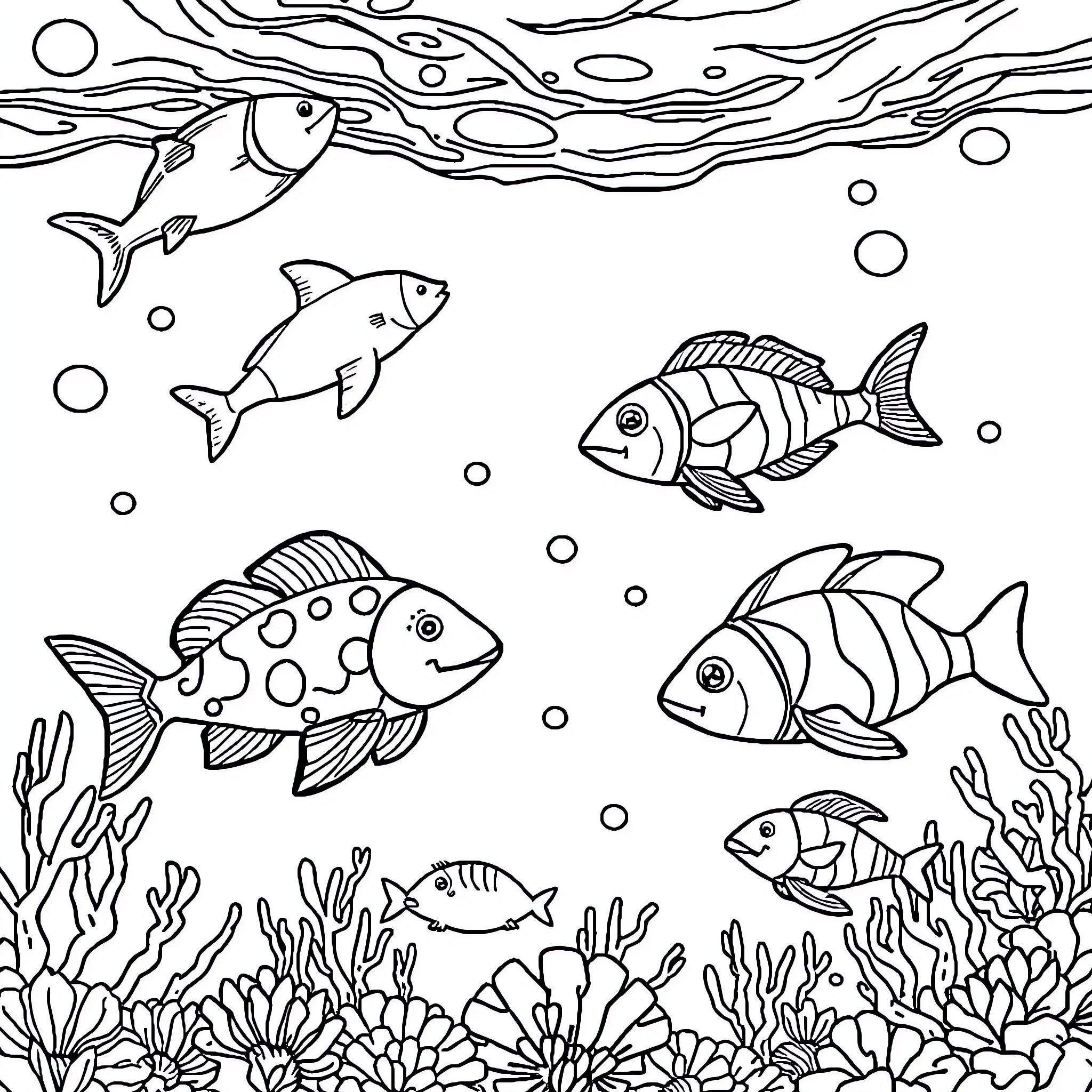 Sea Animals Swimming Amidst Coral Reef Coloring Page (free black-and-white line drawing printable PDF for all, from beginners to advanced learners, including children, teens, adults, and seniors)