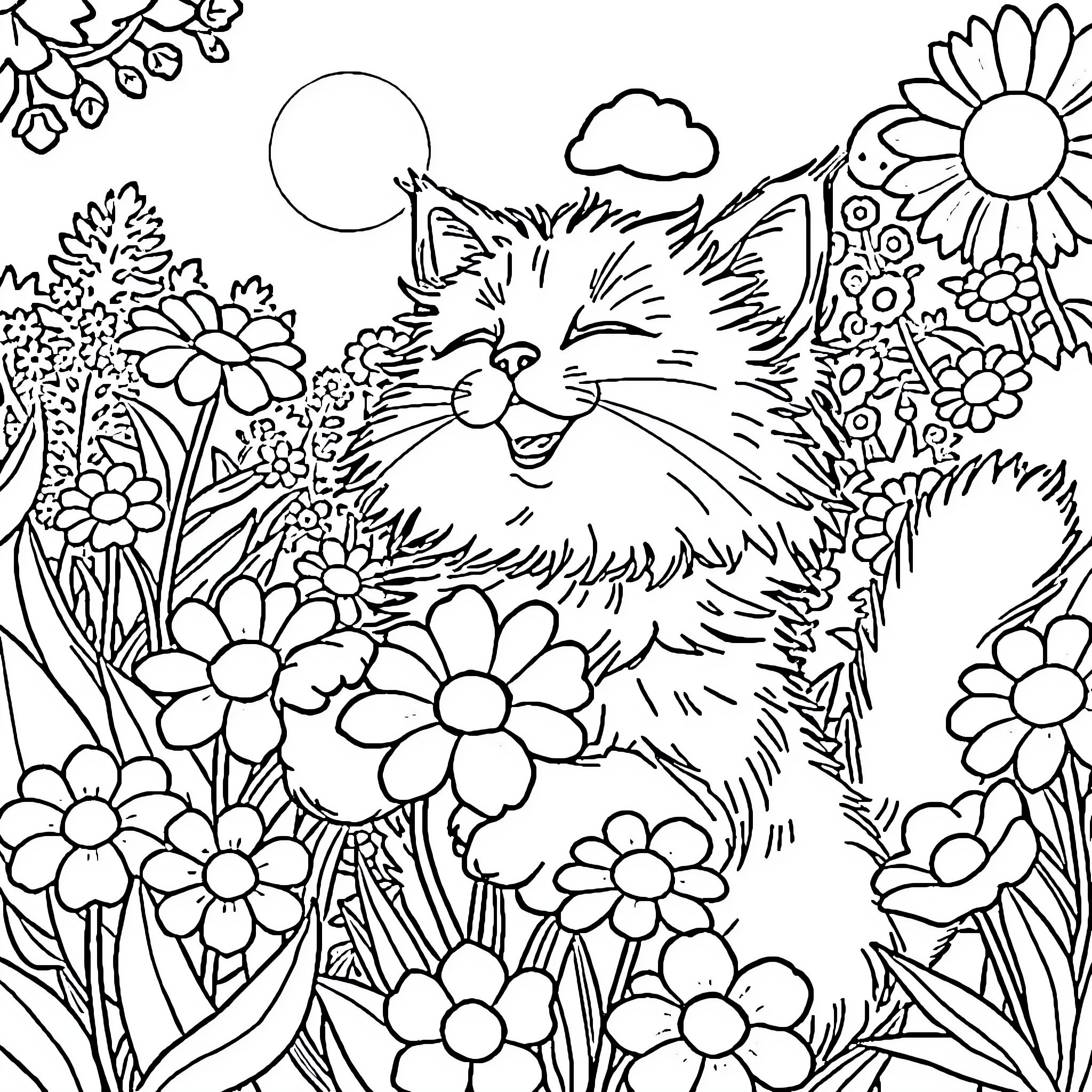 Cat in a floral garden Coloring Page (free black-and-white line drawing printable PDF for all, from beginners to advanced learners, including children, teens, adults, and seniors)