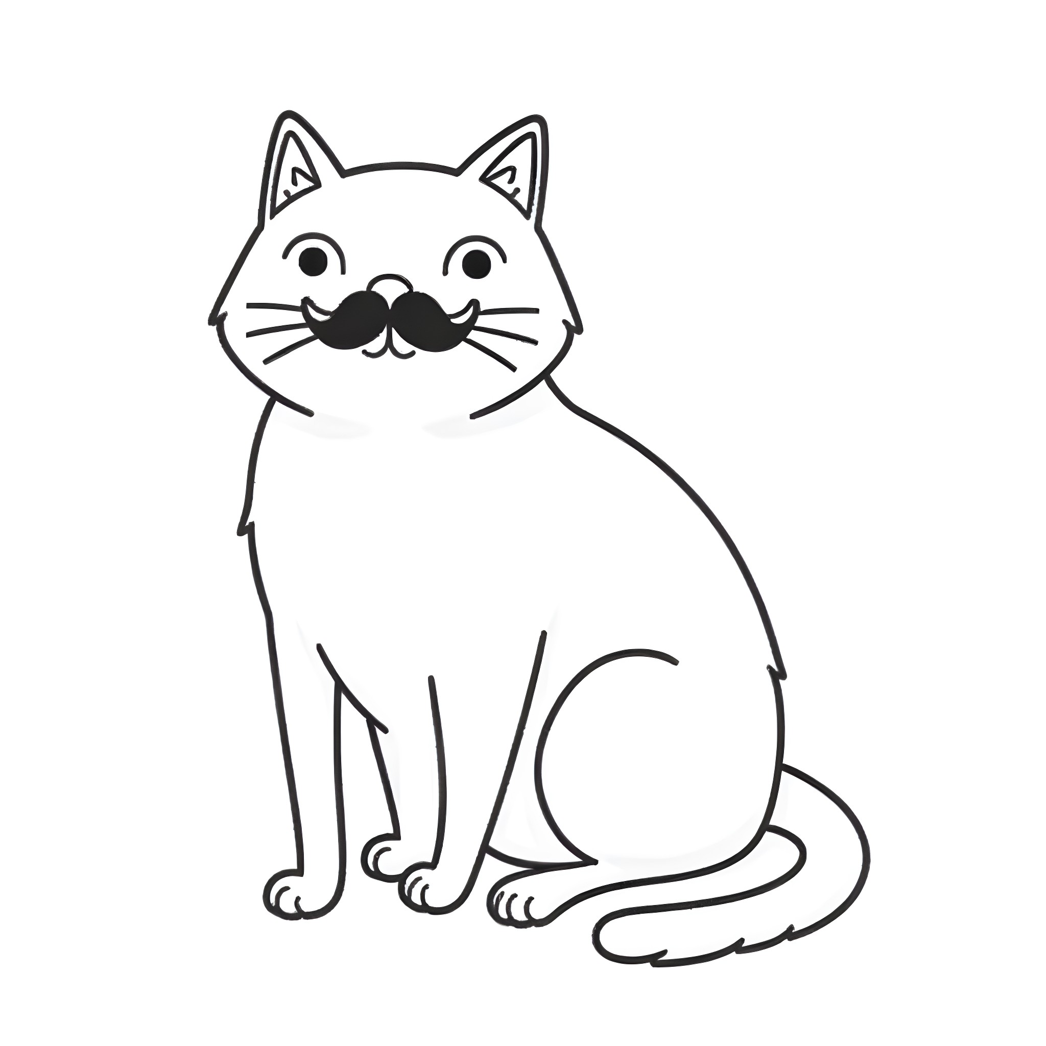 Cat with Funny Mustache Coloring Page (free black-and-white line drawing printable PDF for all, from beginners to advanced learners, including children, teens, adults, and seniors)