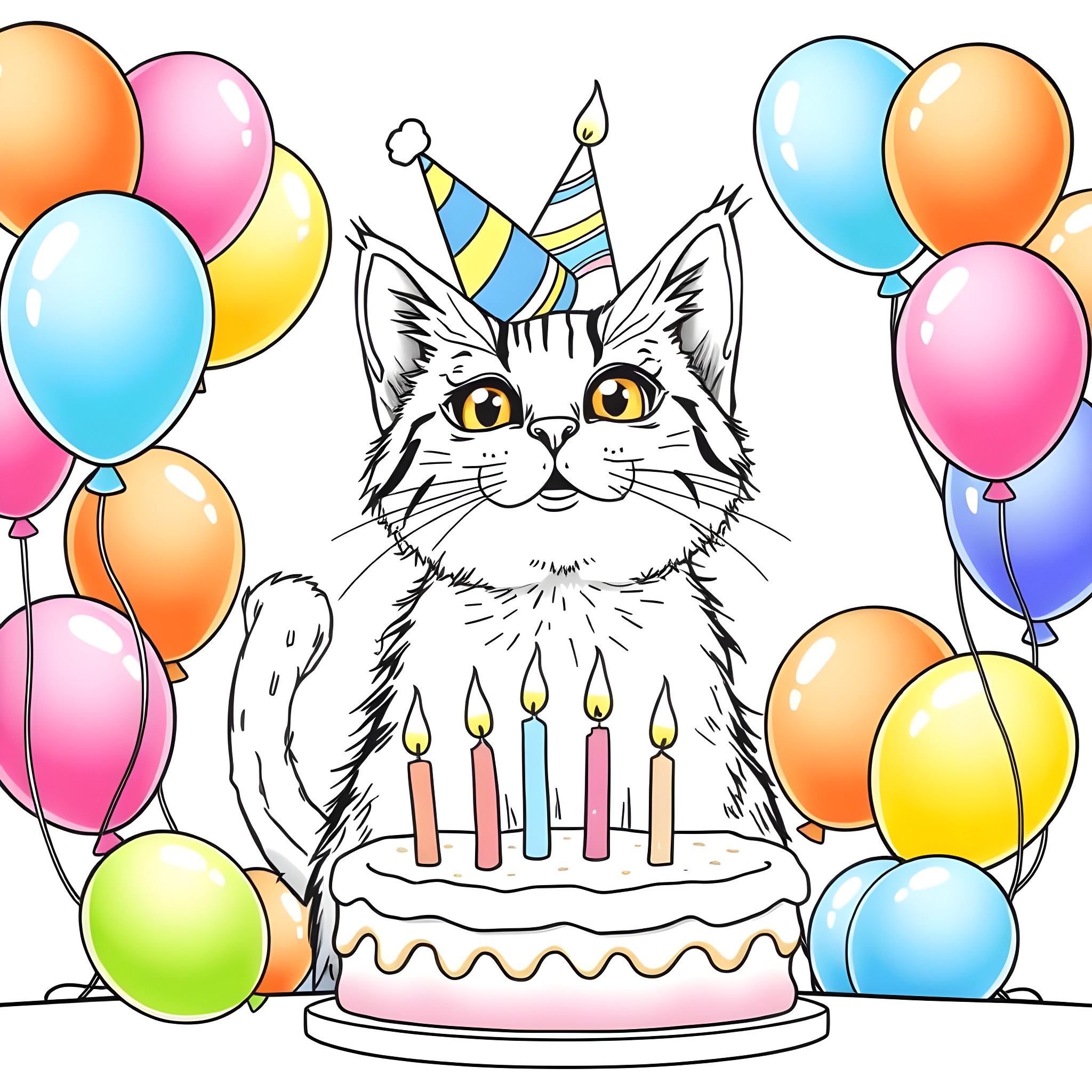 Cat celebrating birthday with cake and balloons Coloring Page (free black-and-white line drawing printable PDF for all, from beginners to advanced learners, including children, teens, adults, and seniors)