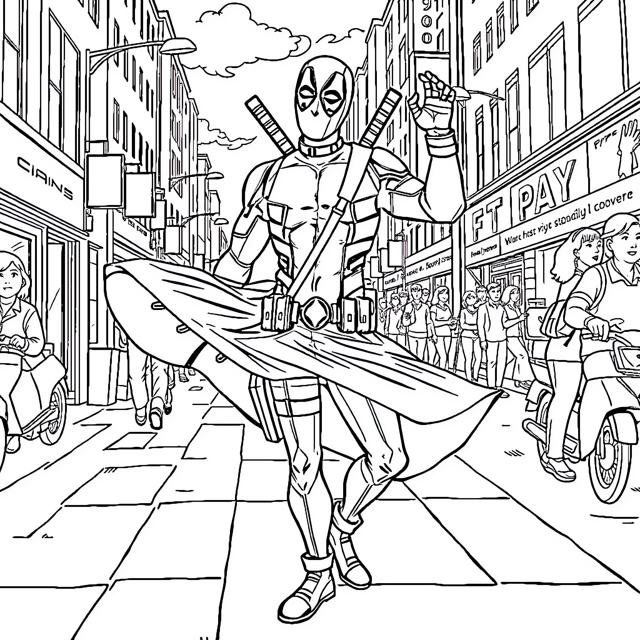 Deadpool's Chaotic City Adventure Coloring Page (free black-and-white line drawing printable PDF for all, from beginners to advanced learners, including children, teens, adults, and seniors)