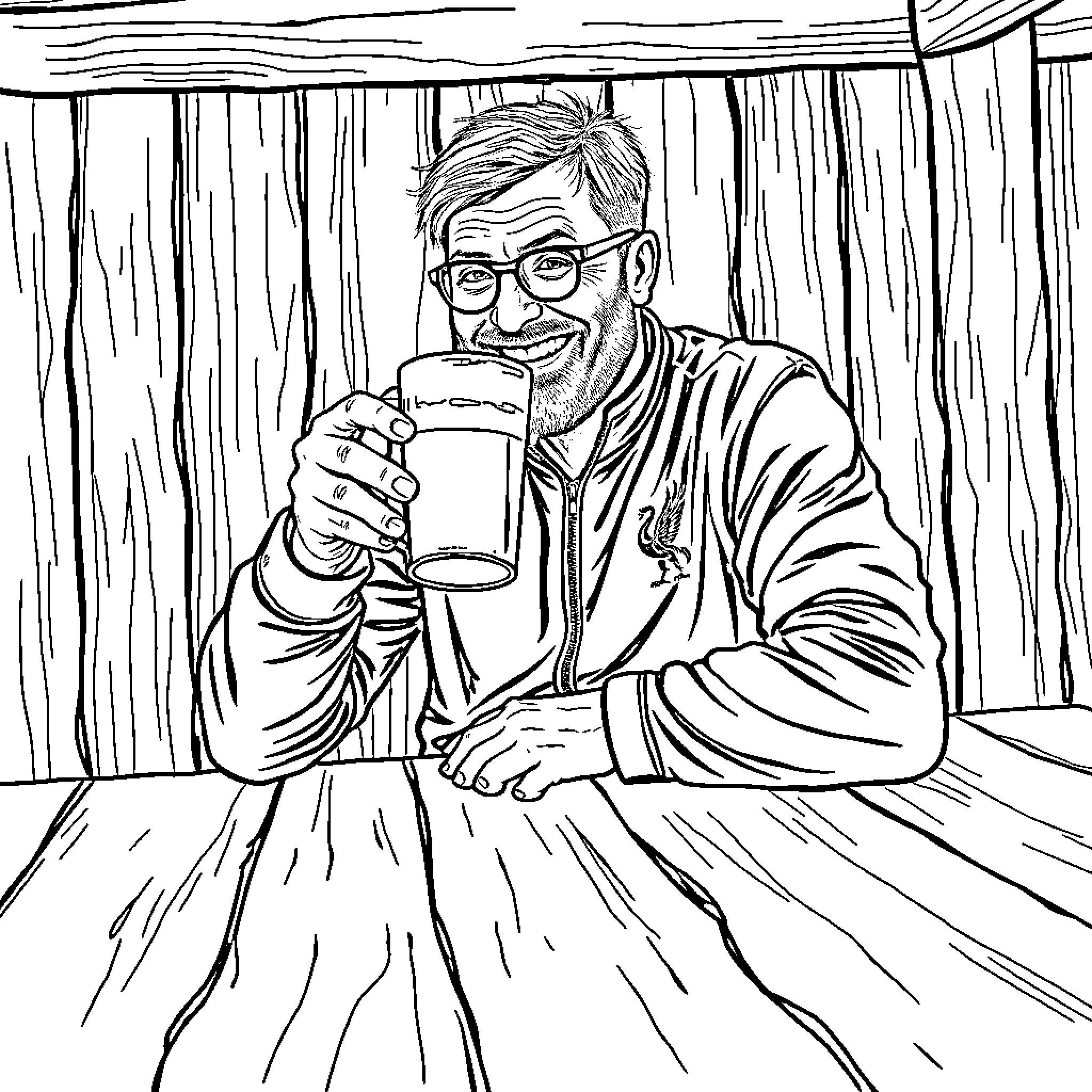 Jurgen Klopp enjoying a refreshing drink in a casual setting Coloring Page (free black-and-white line drawing printable PDF for all, from beginners to advanced learners, including children, teens, adults, and seniors)