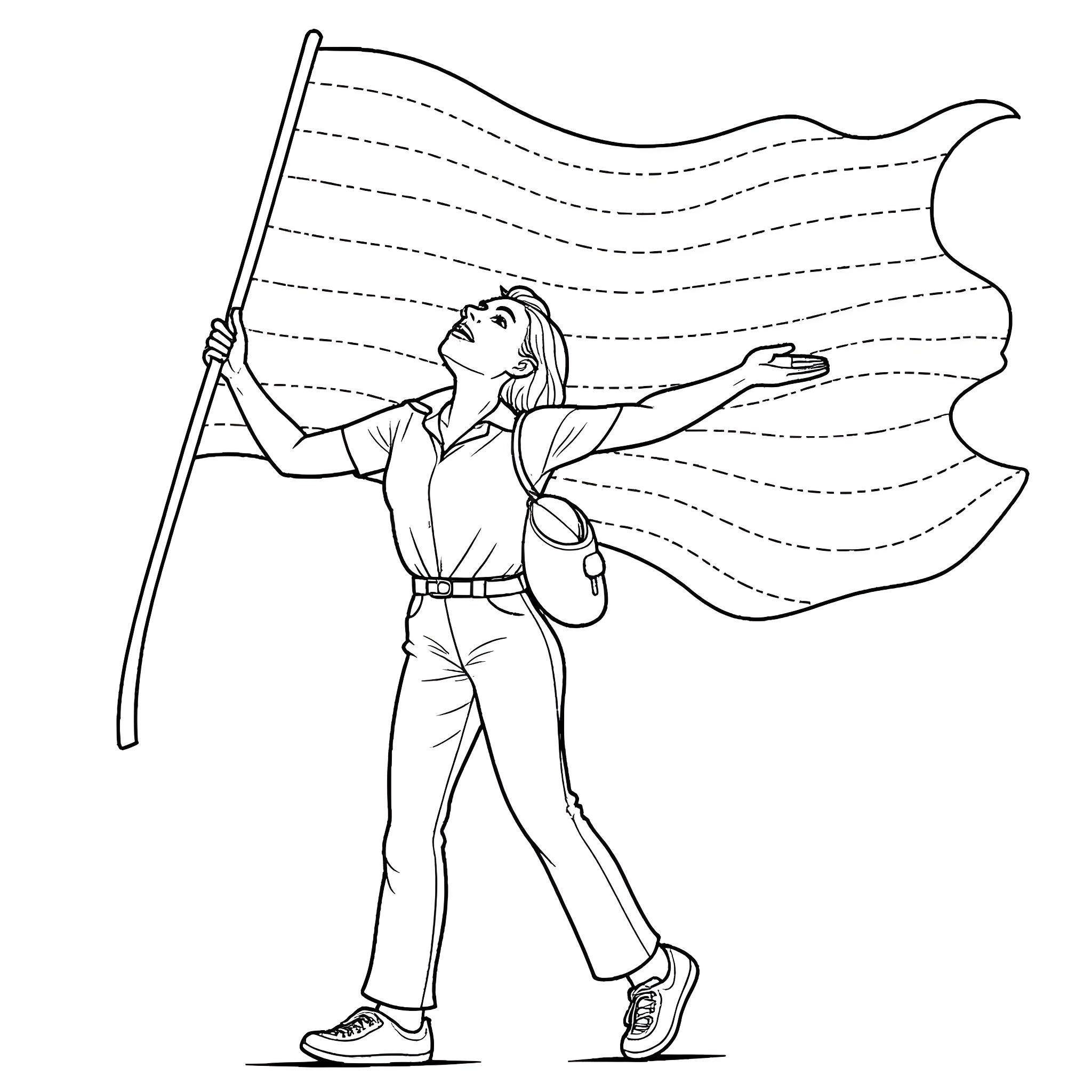 Employee waving a large flag Coloring Page (free black-and-white line drawing printable PDF for all, from beginners to advanced learners, including children, teens, adults, and seniors)