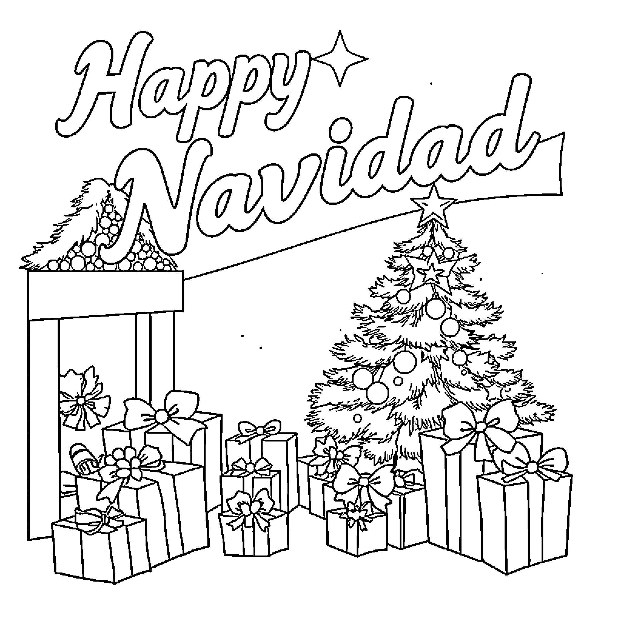 Christmas scene with decorated tree and presents Coloring Page (free black-and-white line drawing printable PDF for all, from beginners to advanced learners, including children, teens, adults, and seniors)