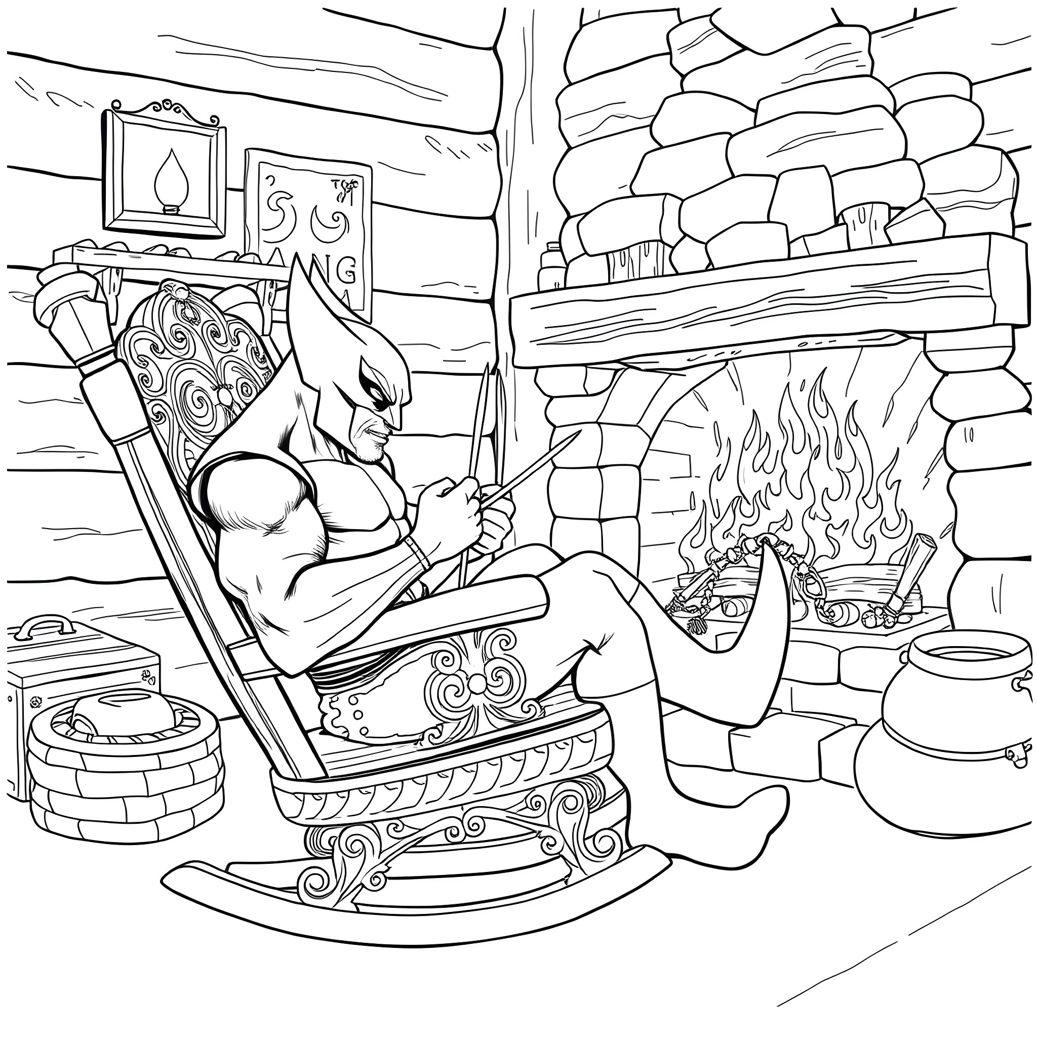 Wolverine resting by the fireplace Coloring Page (free black-and-white line drawing printable PDF for all, from beginners to advanced learners, including children, teens, adults, and seniors)