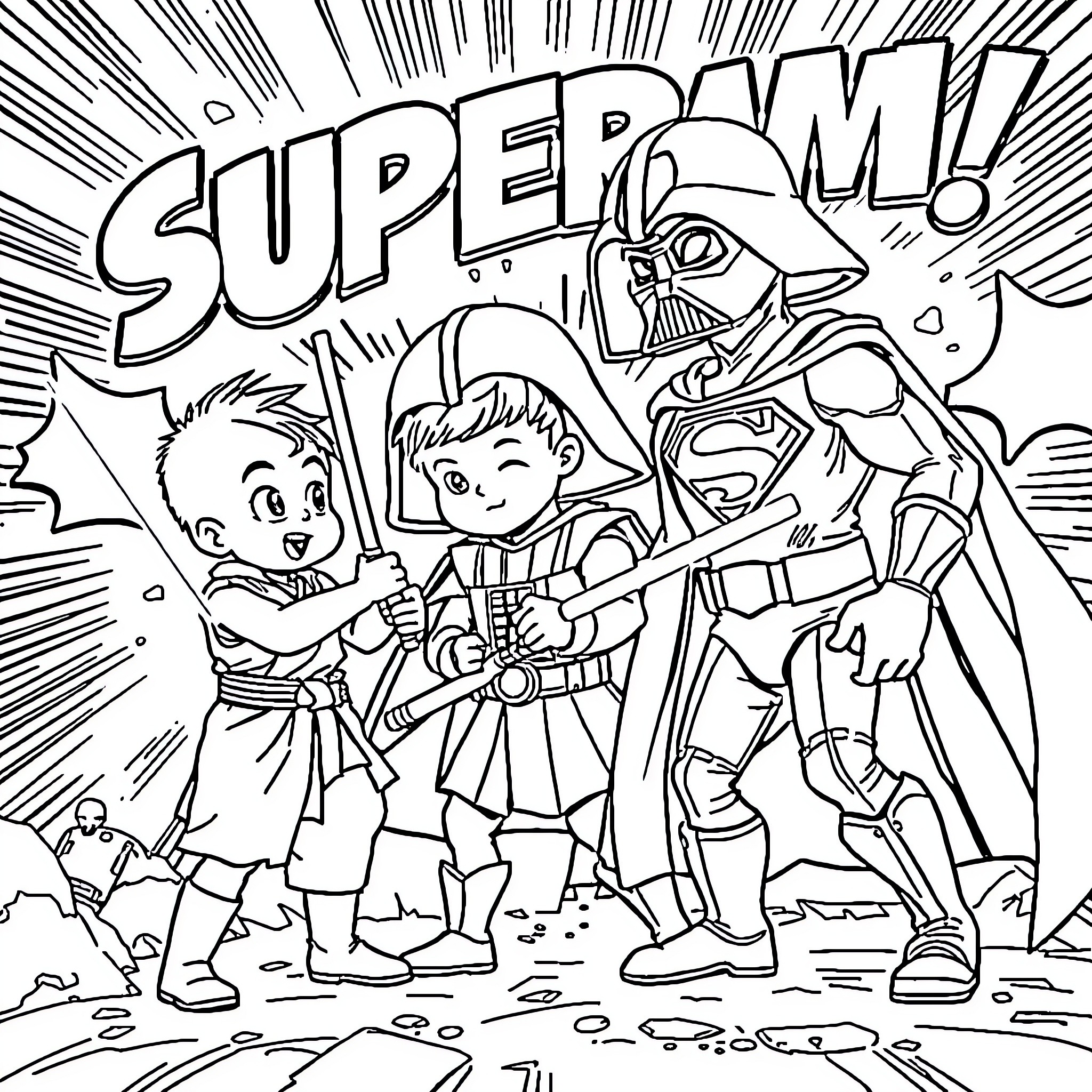 Kid heroes battle villainous character in dramatic scene Coloring Page (free black-and-white line drawing printable PDF for all, from beginners to advanced learners, including children, teens, adults, and seniors)