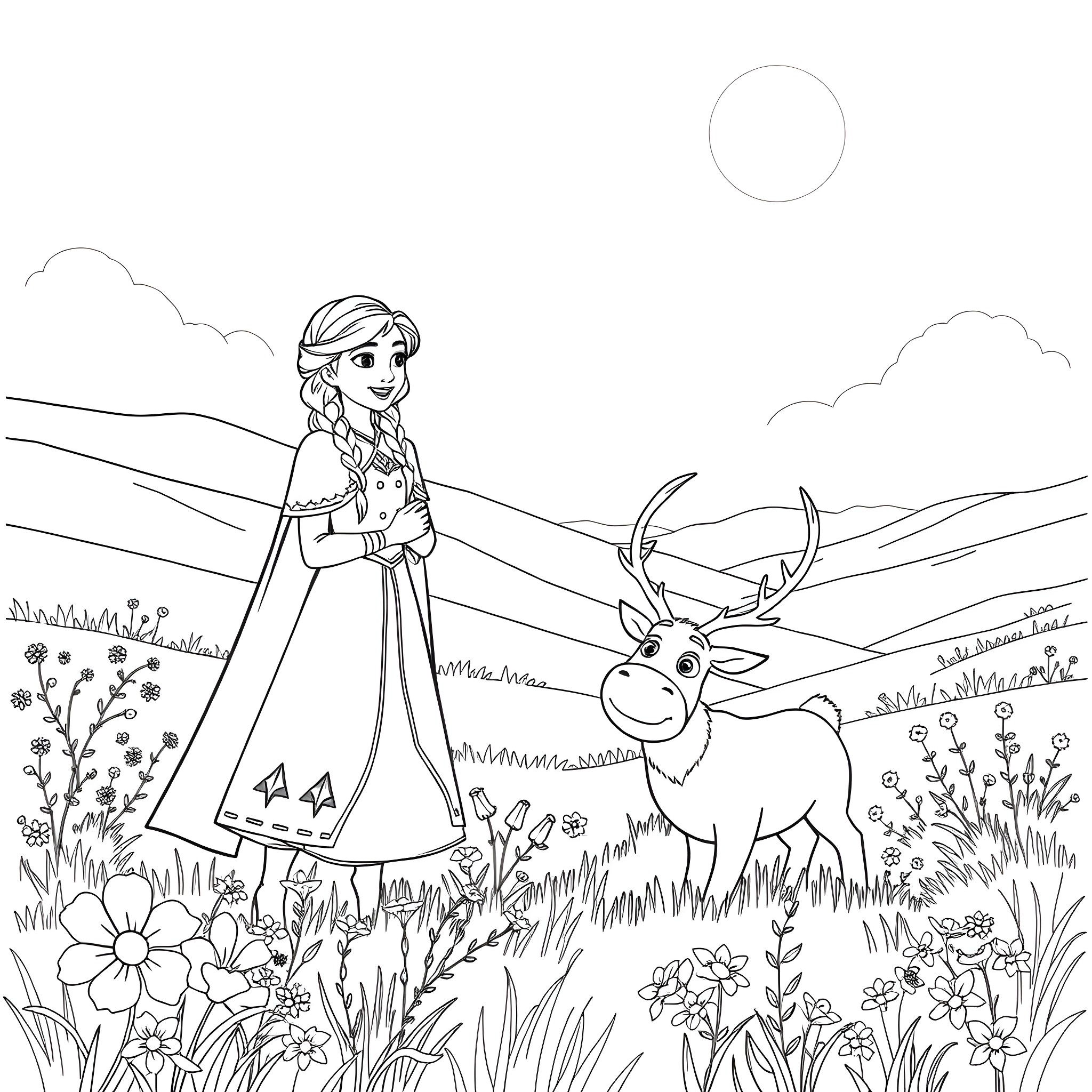 Anna admiring a deer in a flowery meadow Coloring Page (free black-and-white line drawing printable PDF for all, from beginners to advanced learners, including children, teens, adults, and seniors)
