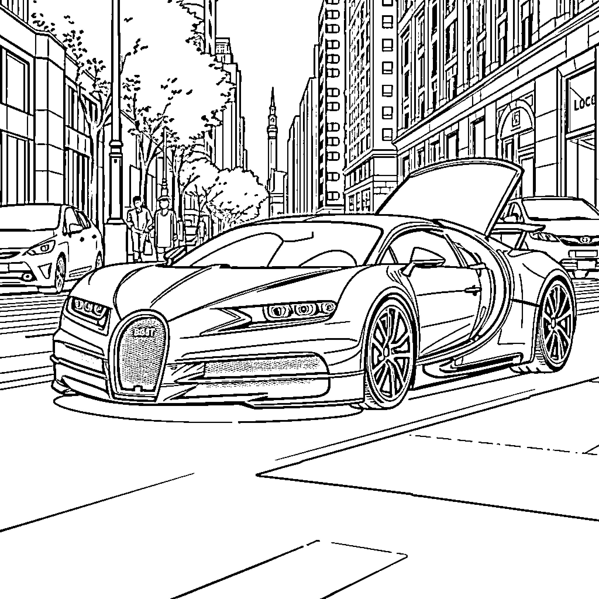 Bugatti supercar on a busy city street Coloring Page (free black-and-white line drawing printable PDF for all, from beginners to advanced learners, including children, teens, adults, and seniors)