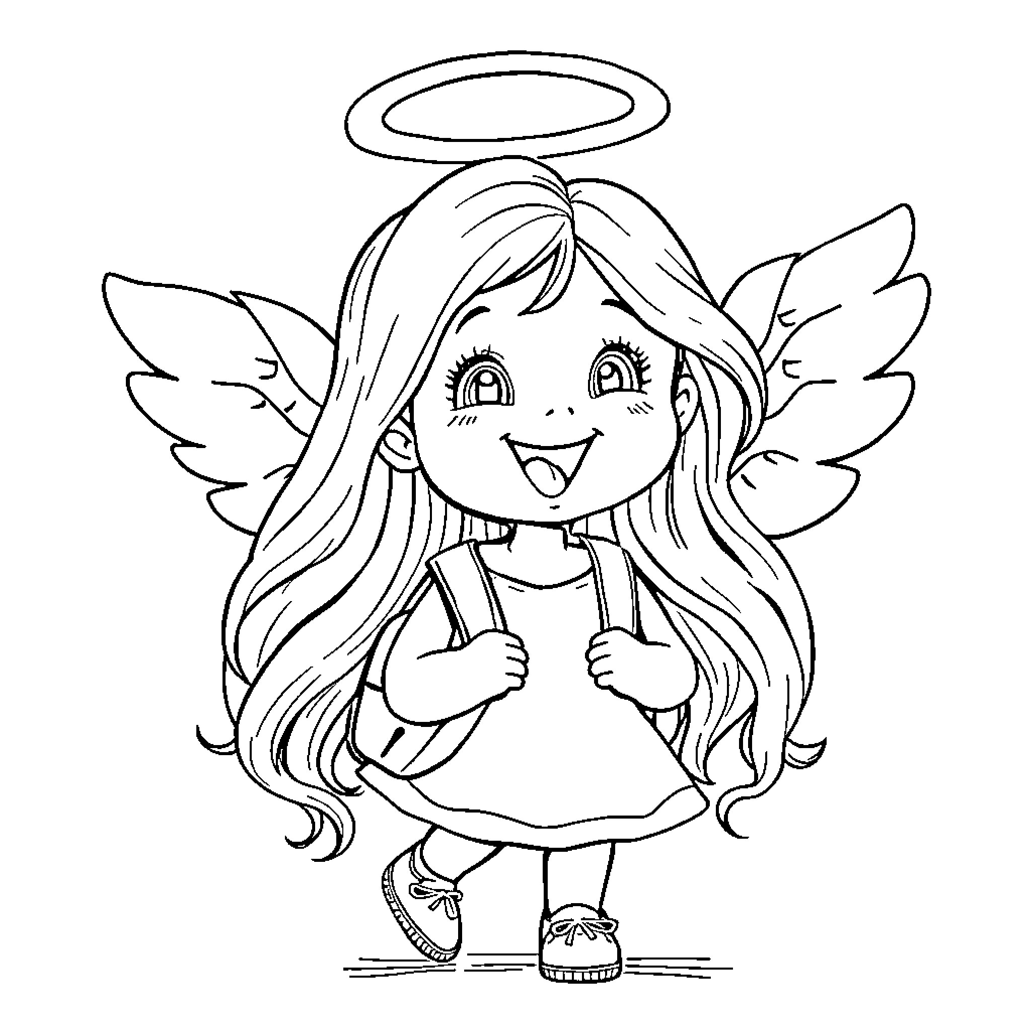 Baby Girl Angel with Wings and Halo Coloring Page (free black-and-white line drawing printable PDF for all, from beginners to advanced learners, including children, teens, adults, and seniors)