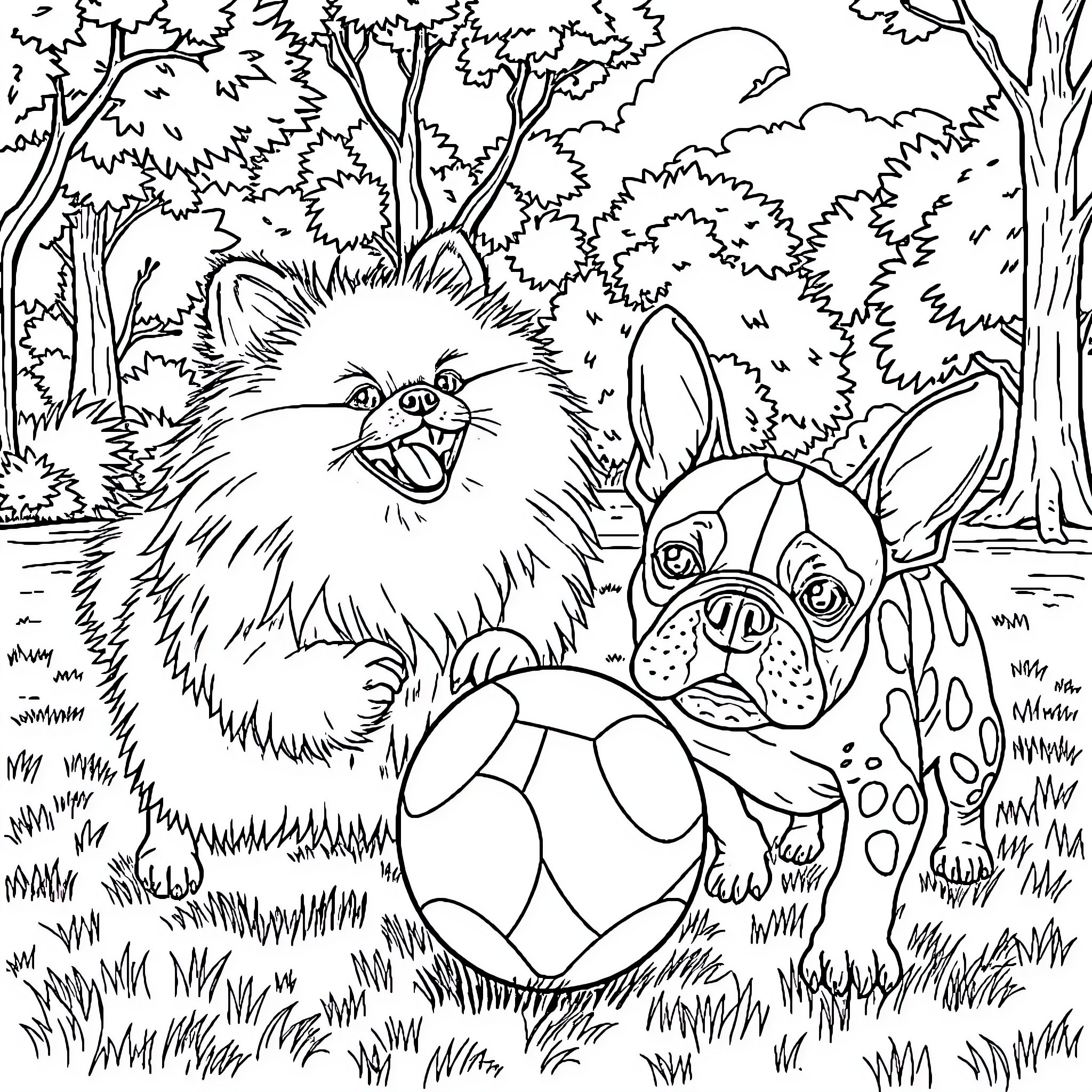 Dog companions playing joyfully in the forest Coloring Page (free black-and-white line drawing printable PDF for all, from beginners to advanced learners, including children, teens, adults, and seniors)