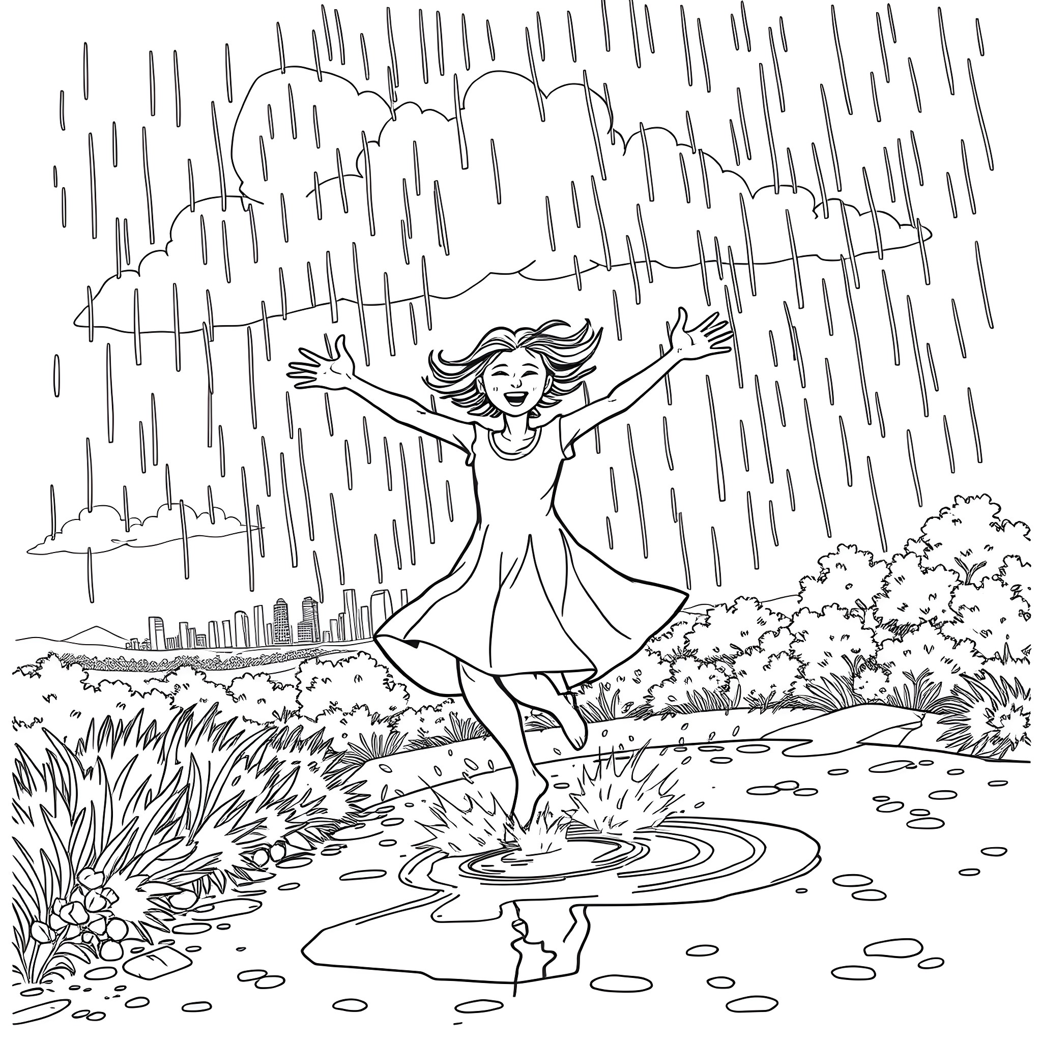Dancer joyfully dancing in the rain Coloring Page (free black-and-white line drawing printable PDF for all, from beginners to advanced learners, including children, teens, adults, and seniors)