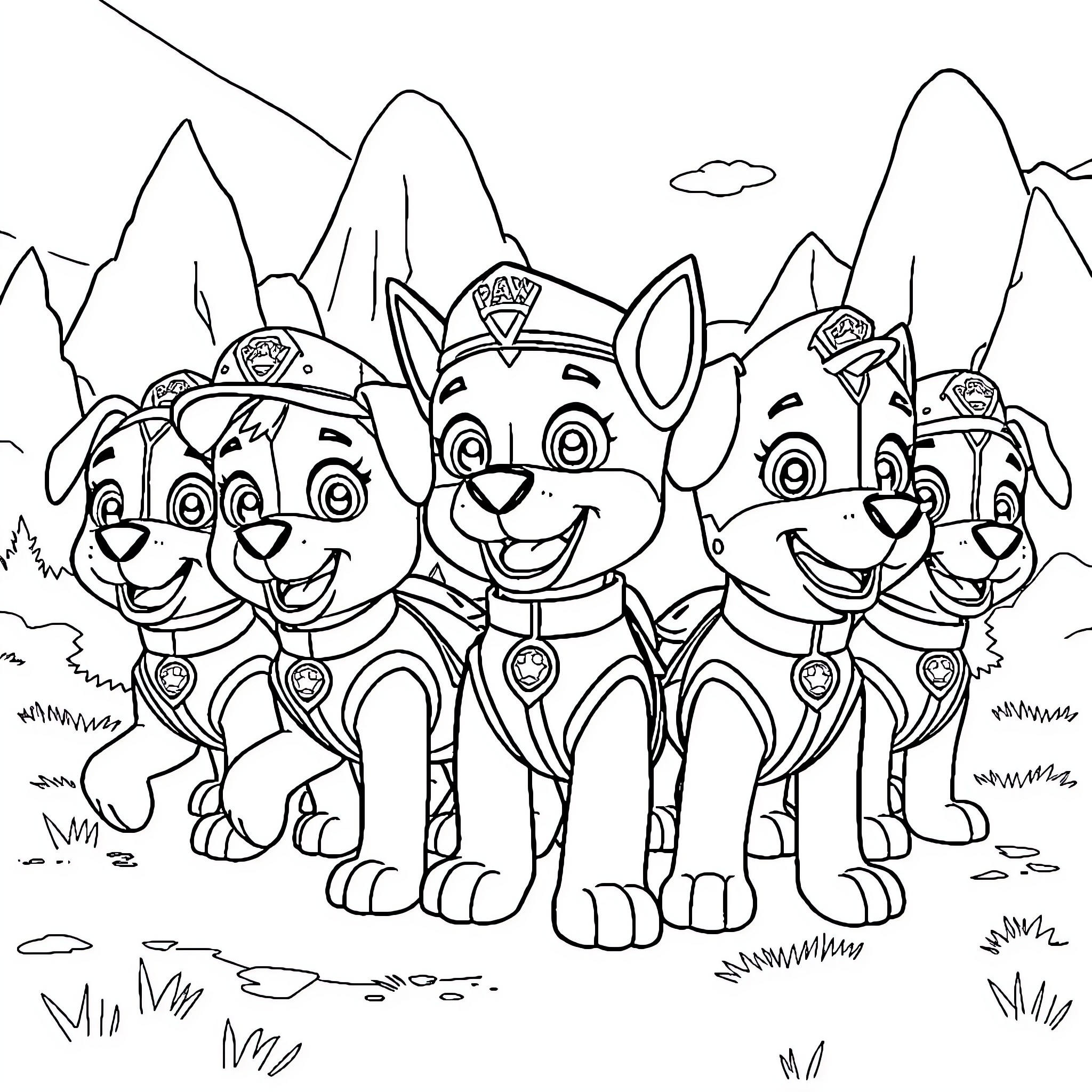 Paw Patrol friends on an adventure in the mountains Coloring Page (free black-and-white line drawing printable PDF for all, from beginners to advanced learners, including children, teens, adults, and seniors)