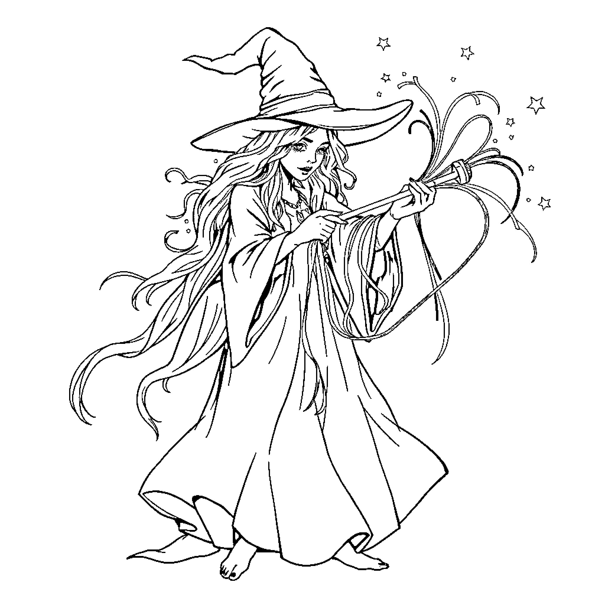 Witch casting enchanting spells in the moonlight Coloring Page (free black-and-white line drawing printable PDF for all, from beginners to advanced learners, including children, teens, adults, and seniors)