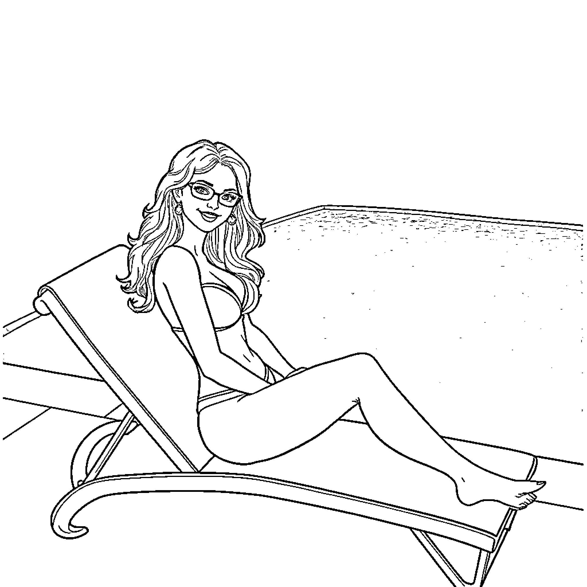 Lady relaxing on beach chair Coloring Page (free black-and-white line drawing printable PDF for all, from beginners to advanced learners, including children, teens, adults, and seniors)