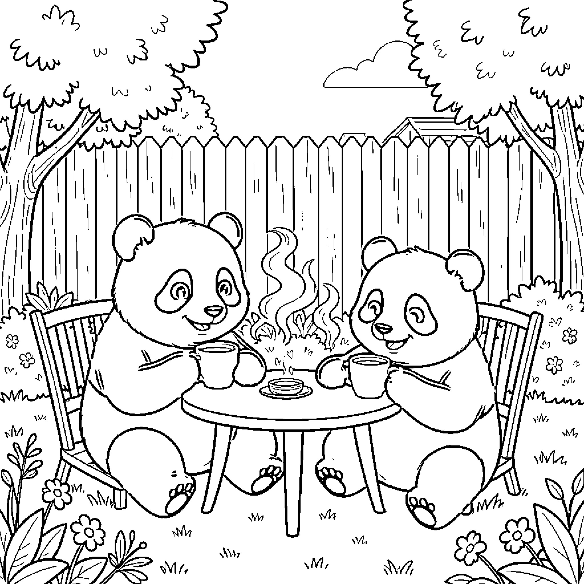 Panda friends enjoying a cozy picnic in the forest Coloring Page (free black-and-white line drawing printable PDF for all, from beginners to advanced learners, including children, teens, adults, and seniors)