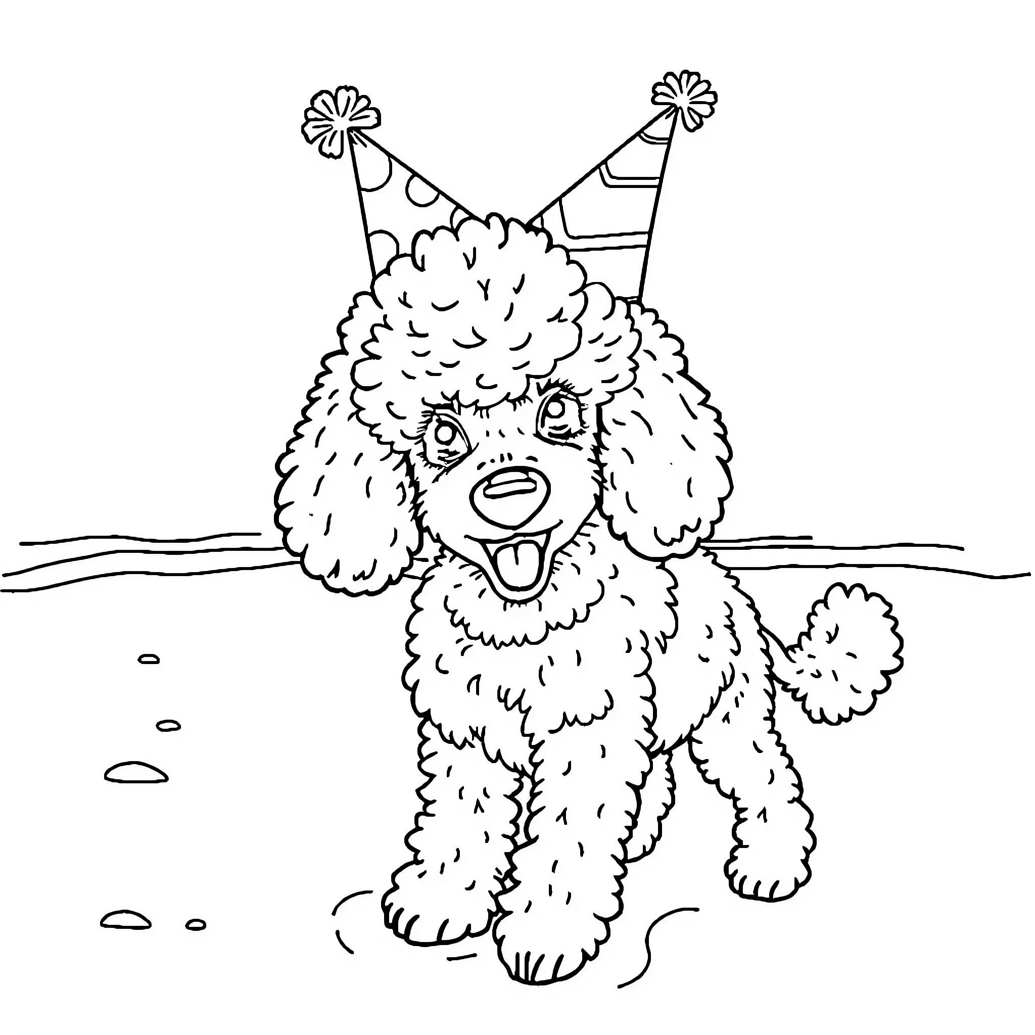 Poodle Celebrating with Party Hats Coloring Page (free black-and-white line drawing printable PDF for all, from beginners to advanced learners, including children, teens, adults, and seniors)