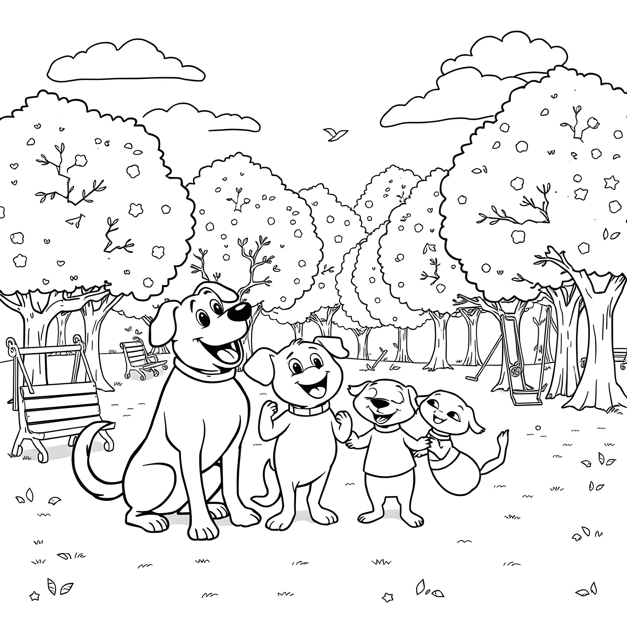 Dogman and his happy dog friends in the park Coloring Page (free black-and-white line drawing printable PDF for all, from beginners to advanced learners, including children, teens, adults, and seniors)