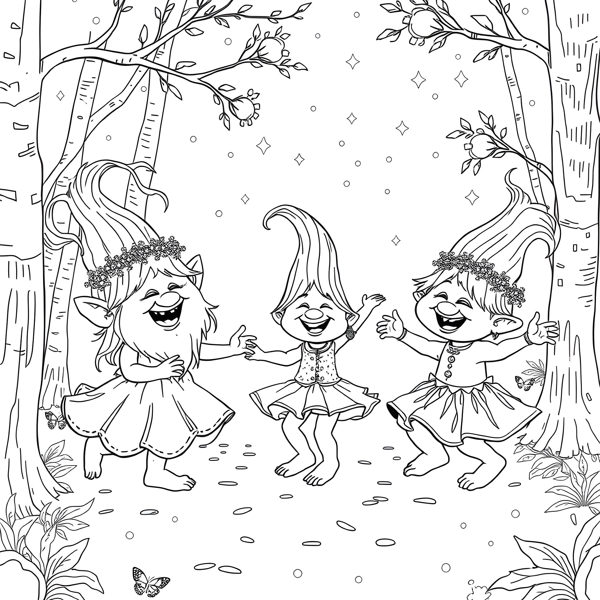 Troll friends dancing and celebrating in the forest Coloring Page (free black-and-white line drawing printable PDF for all, from beginners to advanced learners, including children, teens, adults, and seniors)