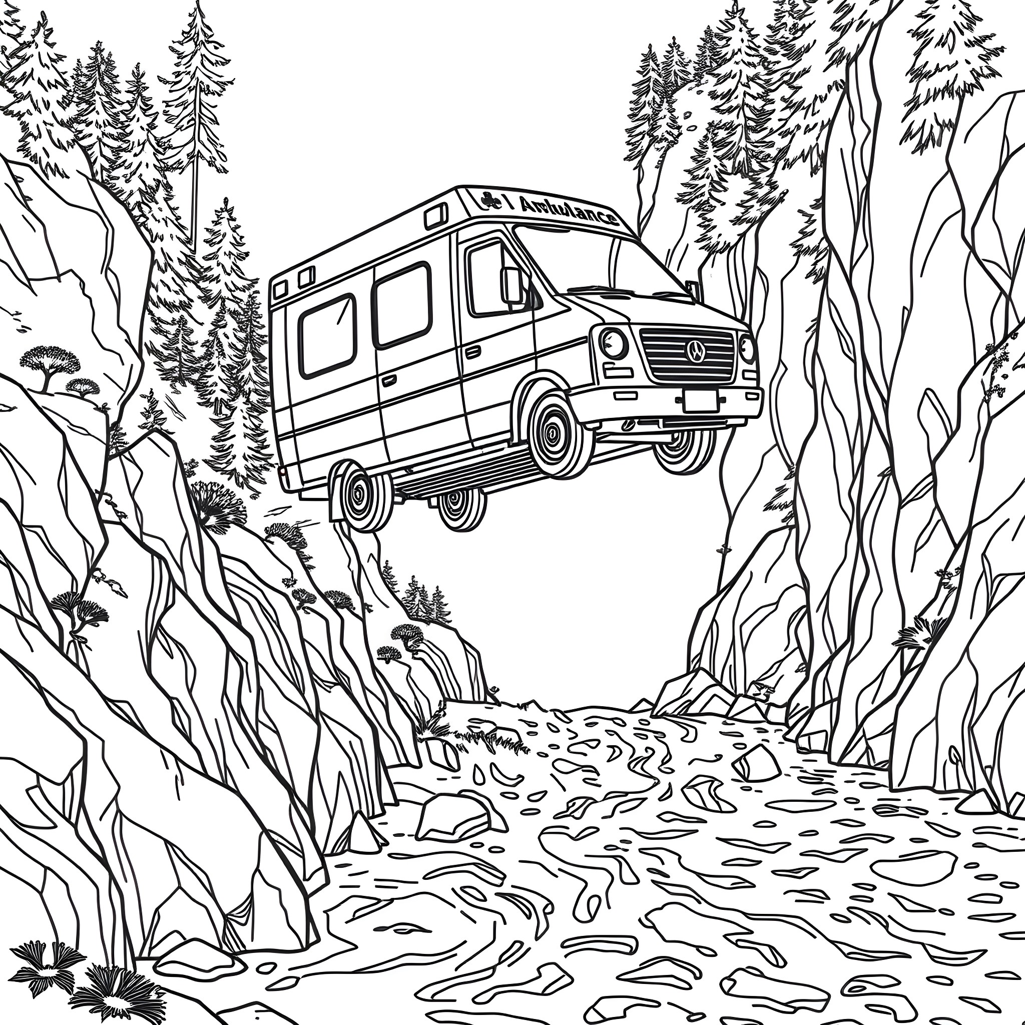 Ambulance navigating through rugged forest terrain Coloring Page (free black-and-white line drawing printable PDF for all, from beginners to advanced learners, including children, teens, adults, and seniors)