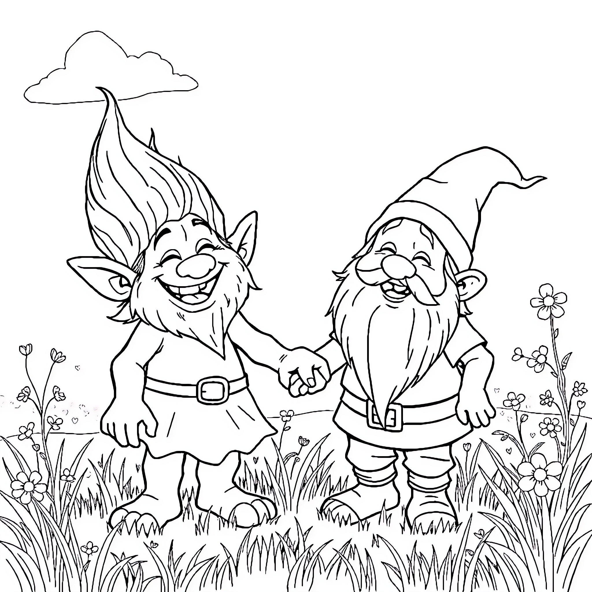 Troll companions frolicking in the meadow Coloring Page (free black-and-white line drawing printable PDF for all, from beginners to advanced learners, including children, teens, adults, and seniors)
