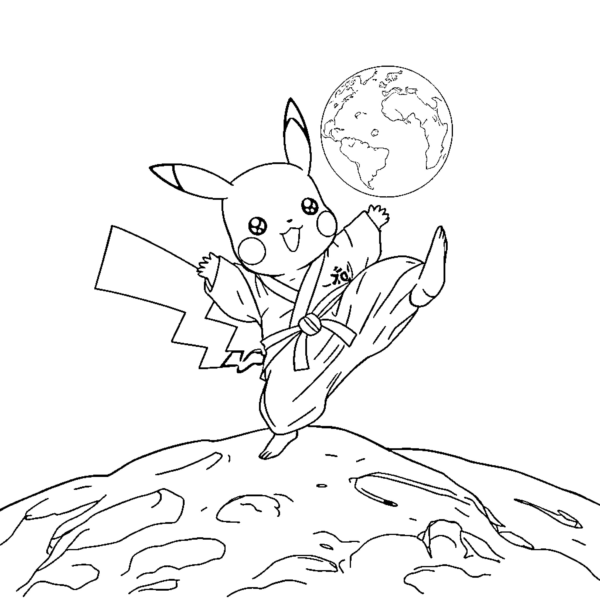 Pikachu exploring the world with excitement Coloring Page (free black-and-white line drawing printable PDF for all, from beginners to advanced learners, including children, teens, adults, and seniors)