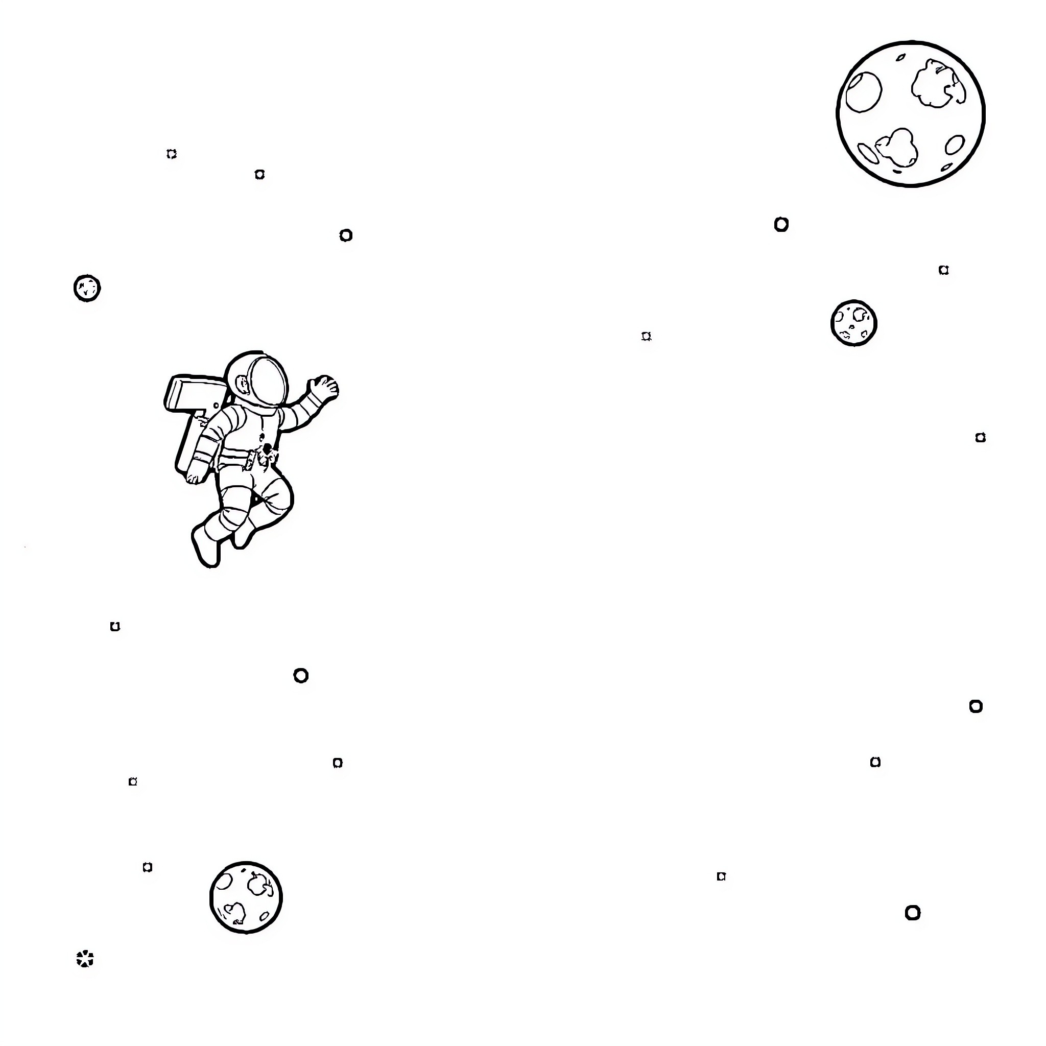 Astronaut floating in space with planets Coloring Page (free black-and-white line drawing printable PDF for all, from beginners to advanced learners, including children, teens, adults, and seniors)