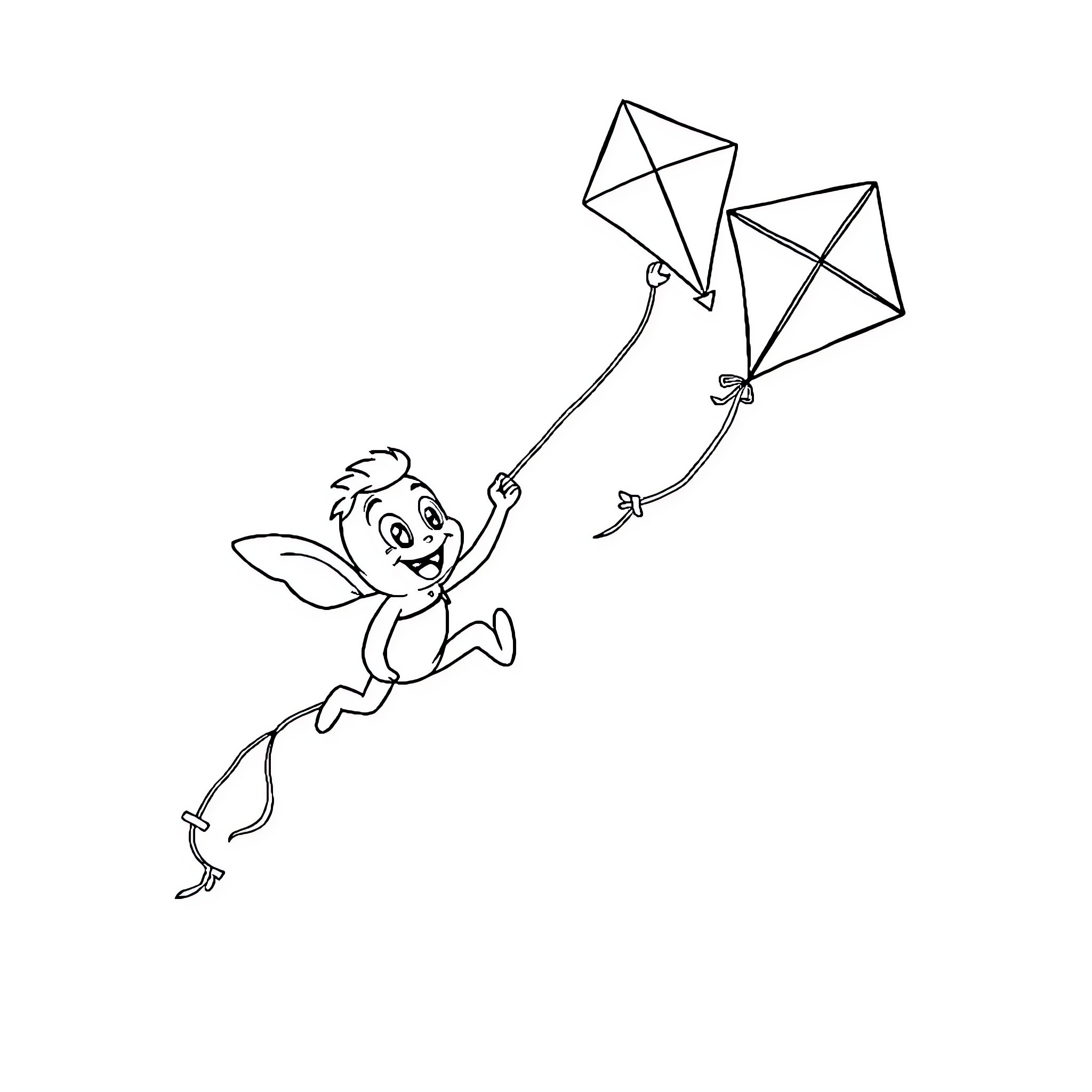 Blue Cheerful Character Flying Kites Coloring Page (free black-and-white line drawing printable PDF for all, from beginners to advanced learners, including children, teens, adults, and seniors)