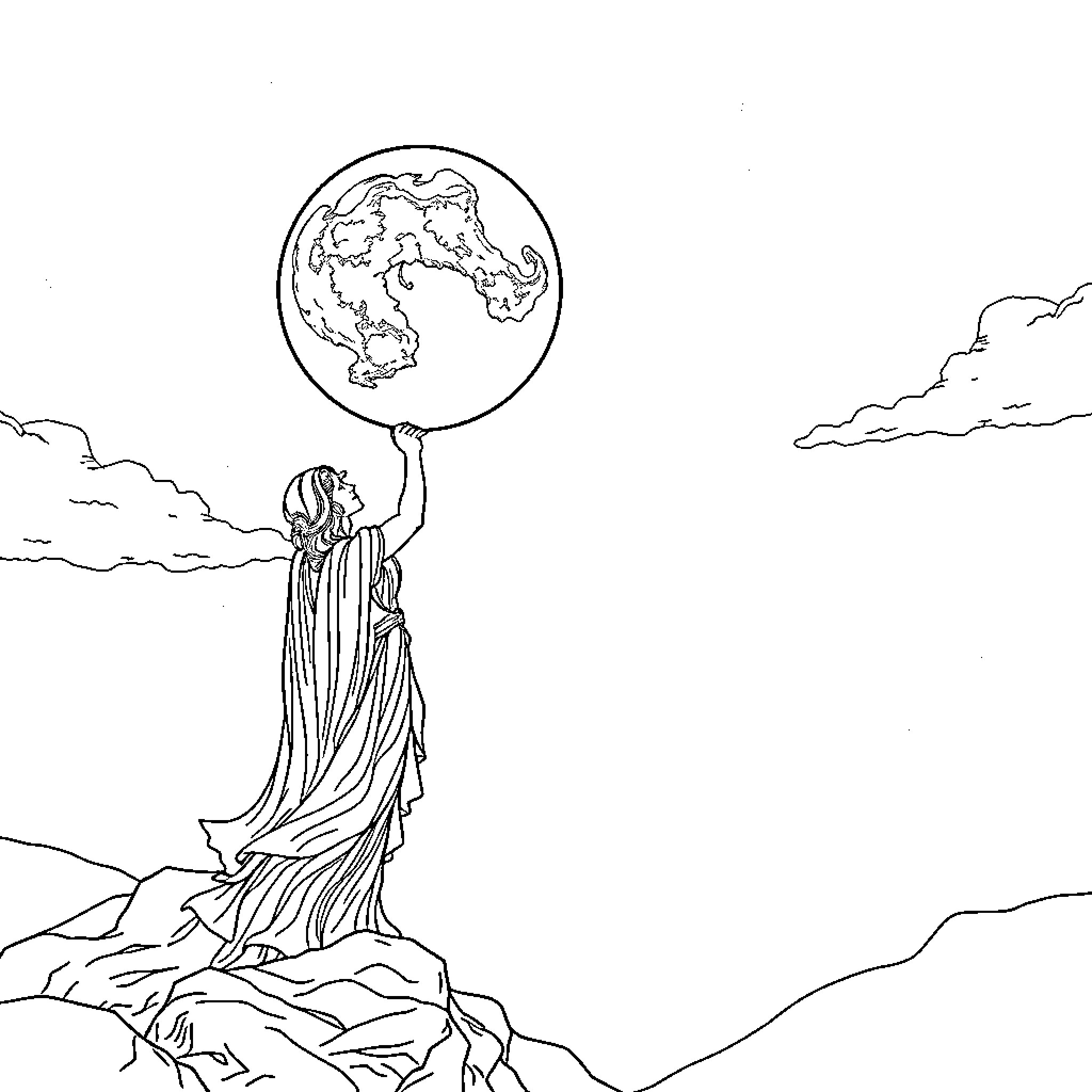 Selene holding the earth in her embrace Coloring Page (free black-and-white line drawing printable PDF for all, from beginners to advanced learners, including children, teens, adults, and seniors)