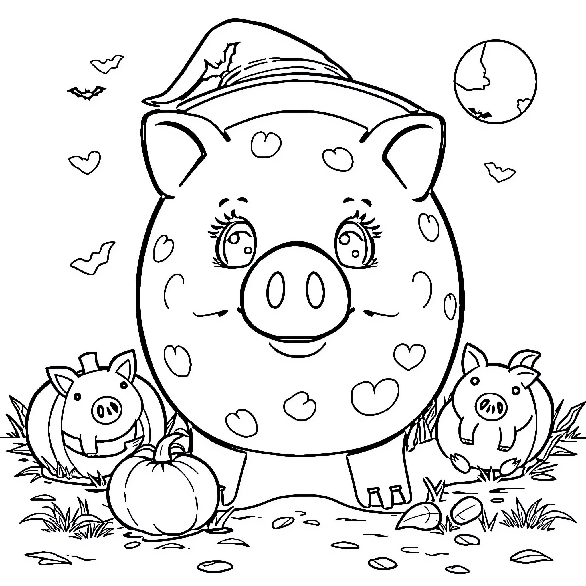 Piggy Bank with Cute Pumpkins in the Garden Coloring Page (free black-and-white line drawing printable PDF for all, from beginners to advanced learners, including children, teens, adults, and seniors)